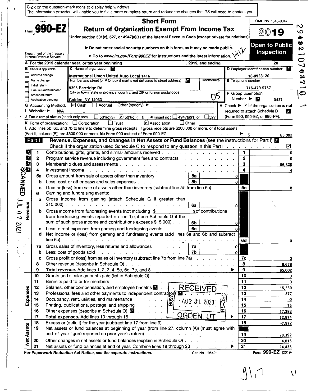 Image of first page of 2019 Form 990EO for Uaw - International Union United Auto Aerospace and Agricultural Workers