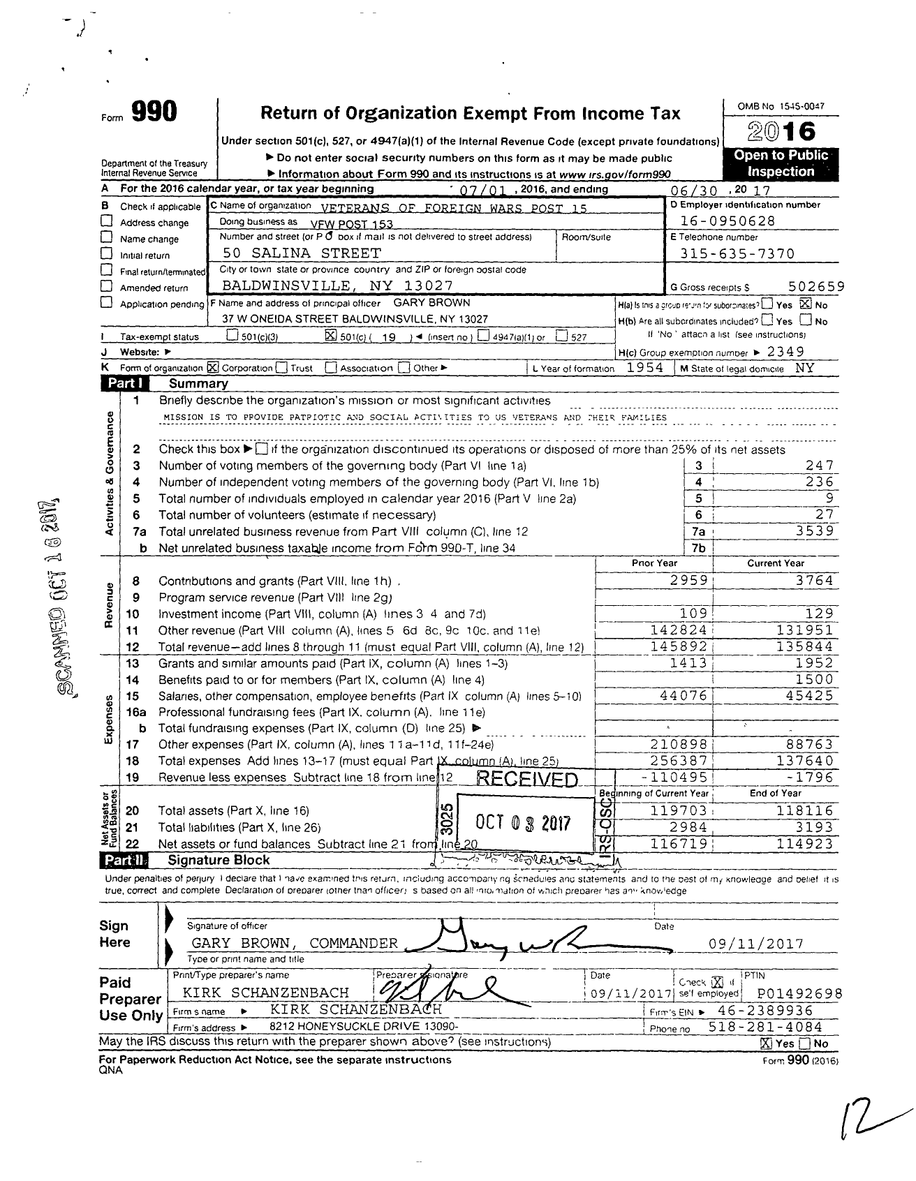 Image of first page of 2016 Form 990O for Department of Ny VFW - VFW Post 153