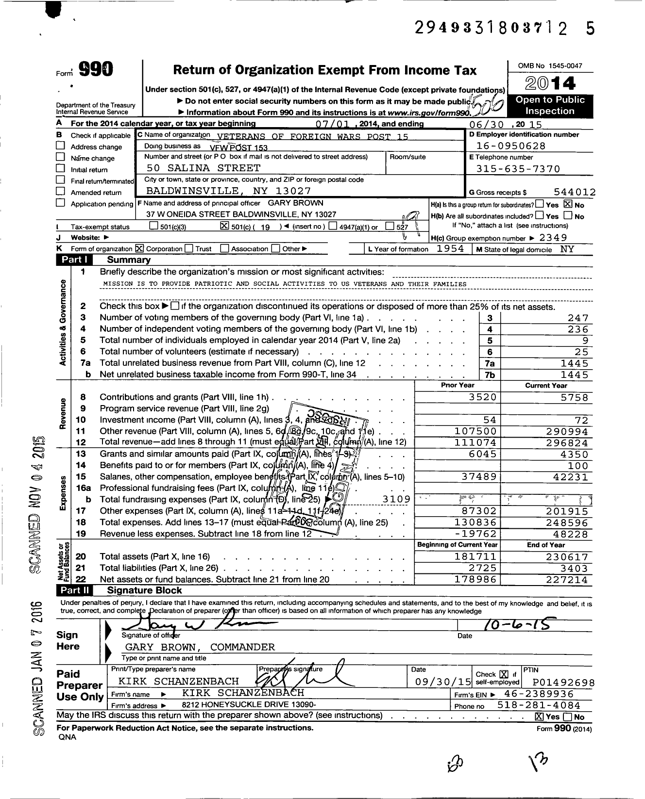 Image of first page of 2014 Form 990O for Department of Ny VFW - VFW Post 153