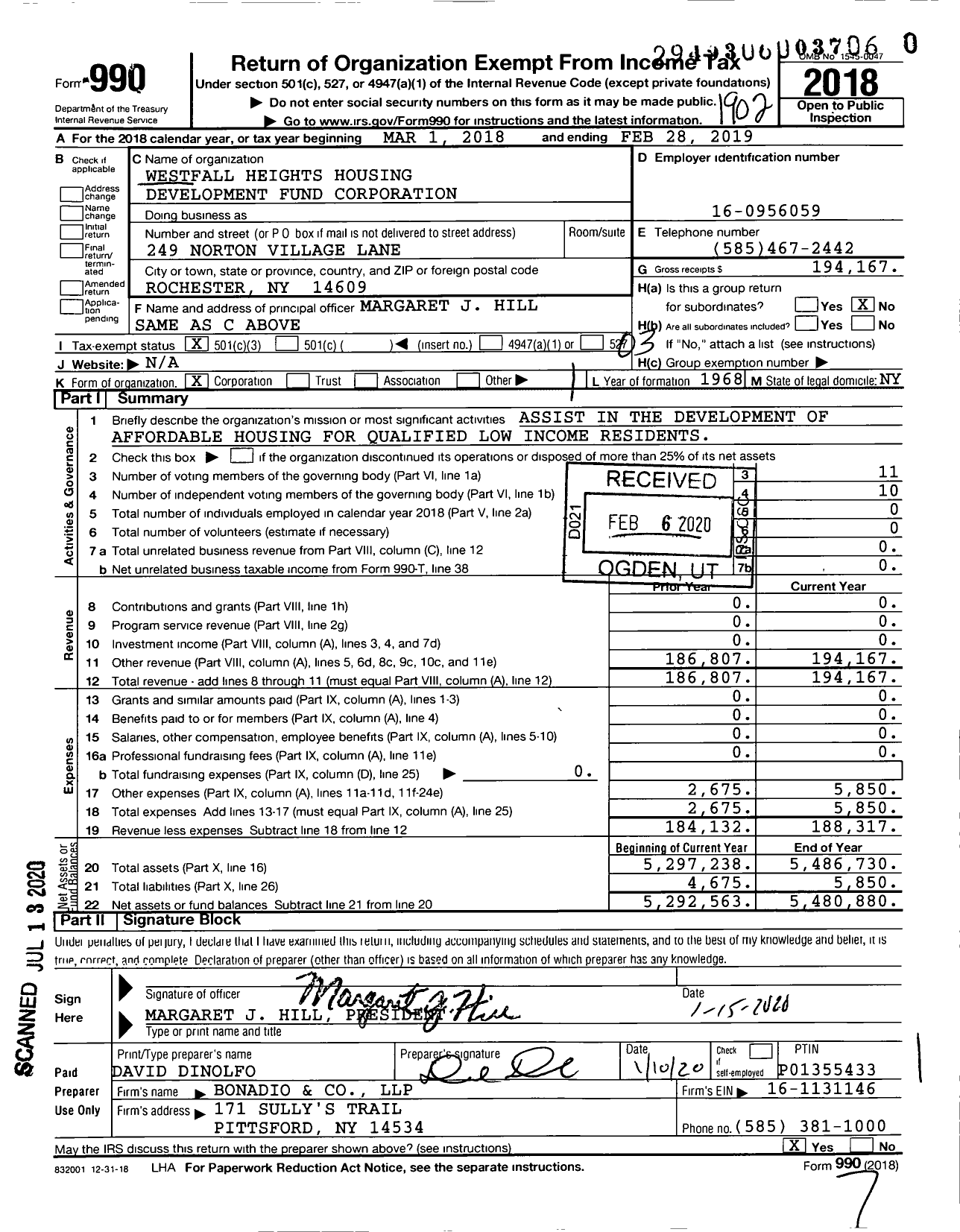 Image of first page of 2018 Form 990 for Westfall Heights Housing Development Fund Corporation