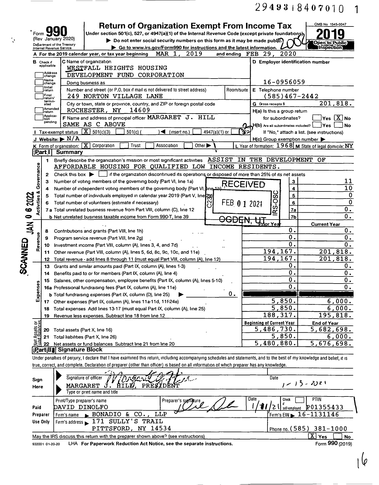 Image of first page of 2019 Form 990 for Westfall Heights Housing Development Fund Corporation