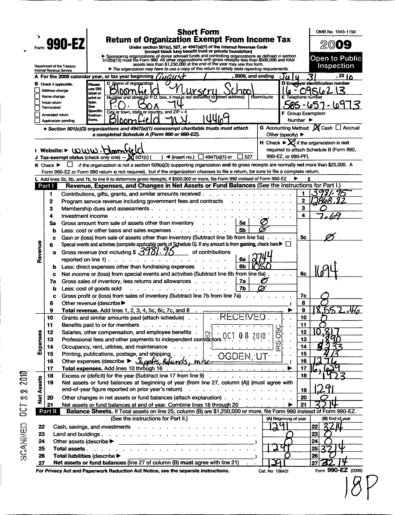 Image of first page of 2009 Form 990EO for Bloomfield Nursery School