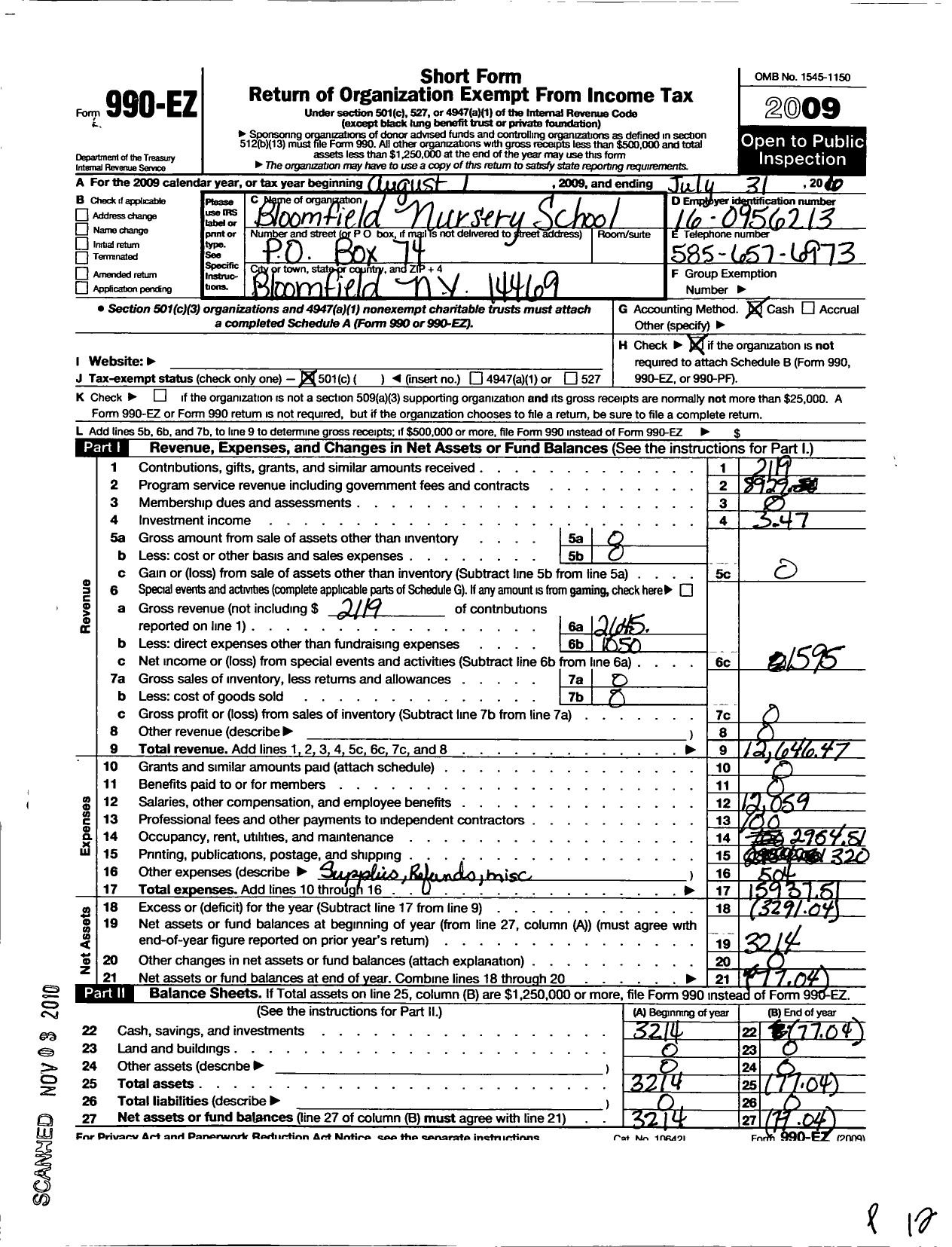 Image of first page of 2009 Form 990EO for Bloomfield Nursery School
