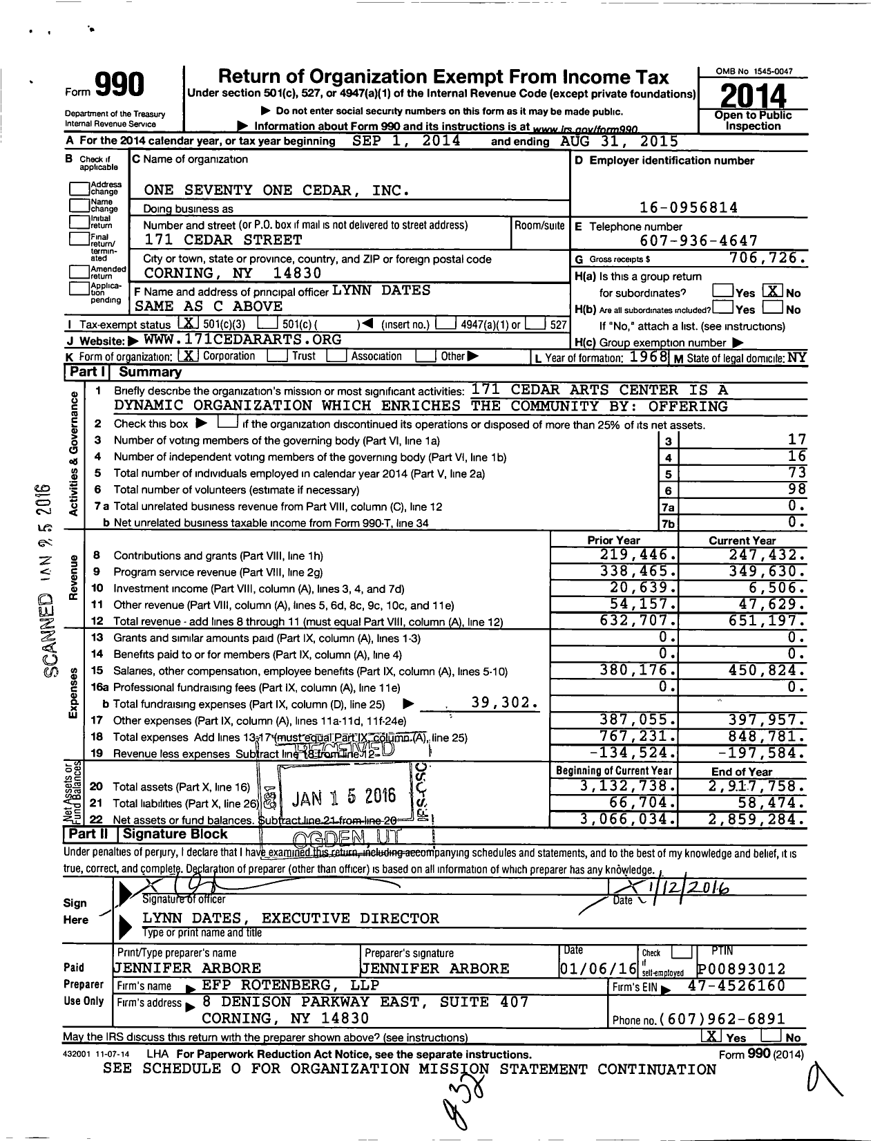 Image of first page of 2014 Form 990 for One Seventy One Cedar