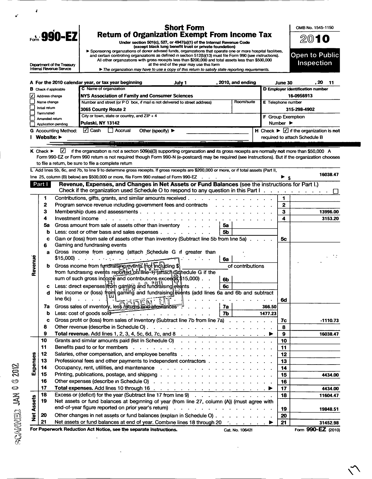 Image of first page of 2010 Form 990EO for New York State Association of Family and Consumer Science Educ