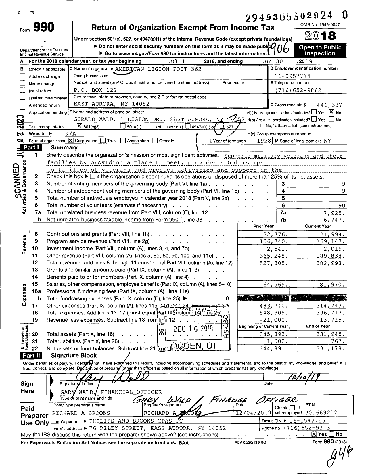 Image of first page of 2018 Form 990 for American Legion - 0362 East Aurora