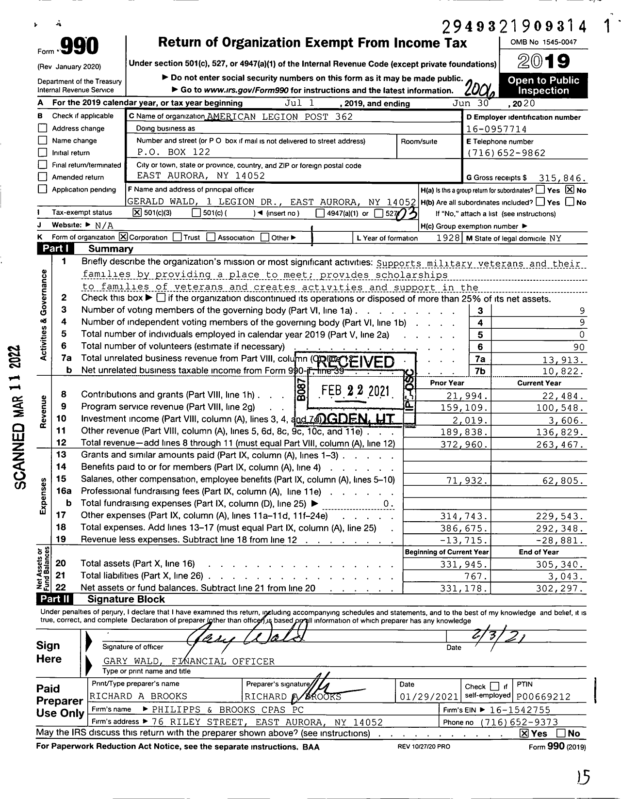 Image of first page of 2019 Form 990 for American Legion - 0362 East Aurora