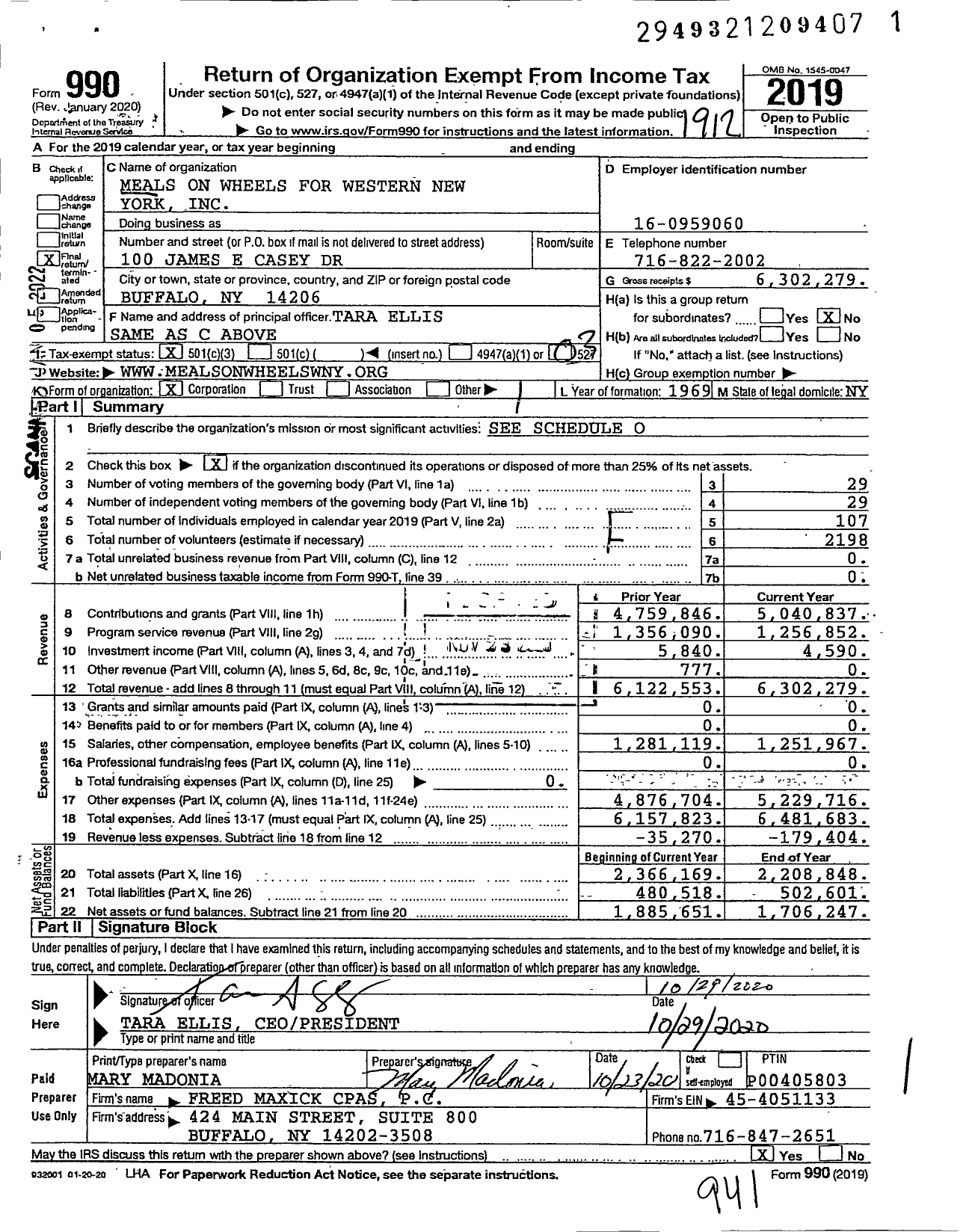 Image of first page of 2019 Form 990 for Meals on Wheels for Western New York