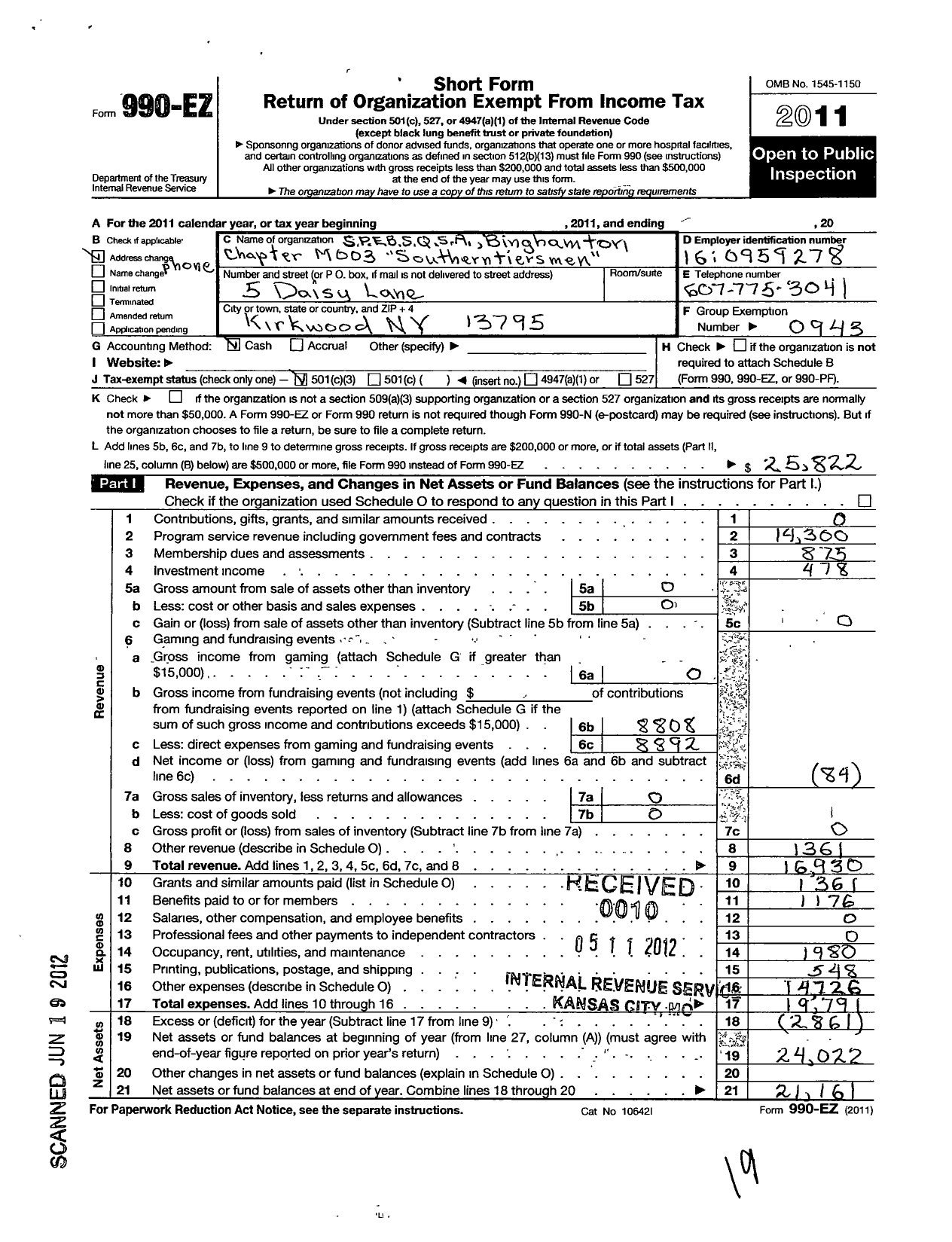 Image of first page of 2011 Form 990EZ for Barbershop Harmony Society - M003 Binghamton
