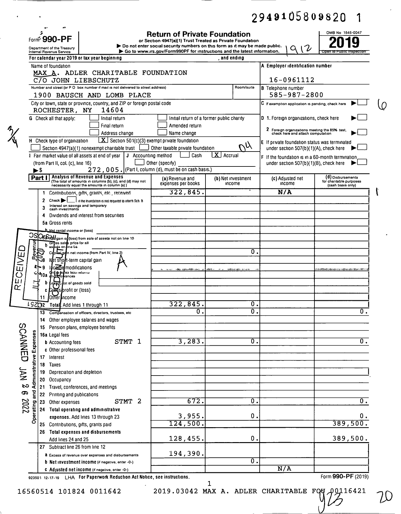 Image of first page of 2019 Form 990PF for Max A Adler Charitable Foundation