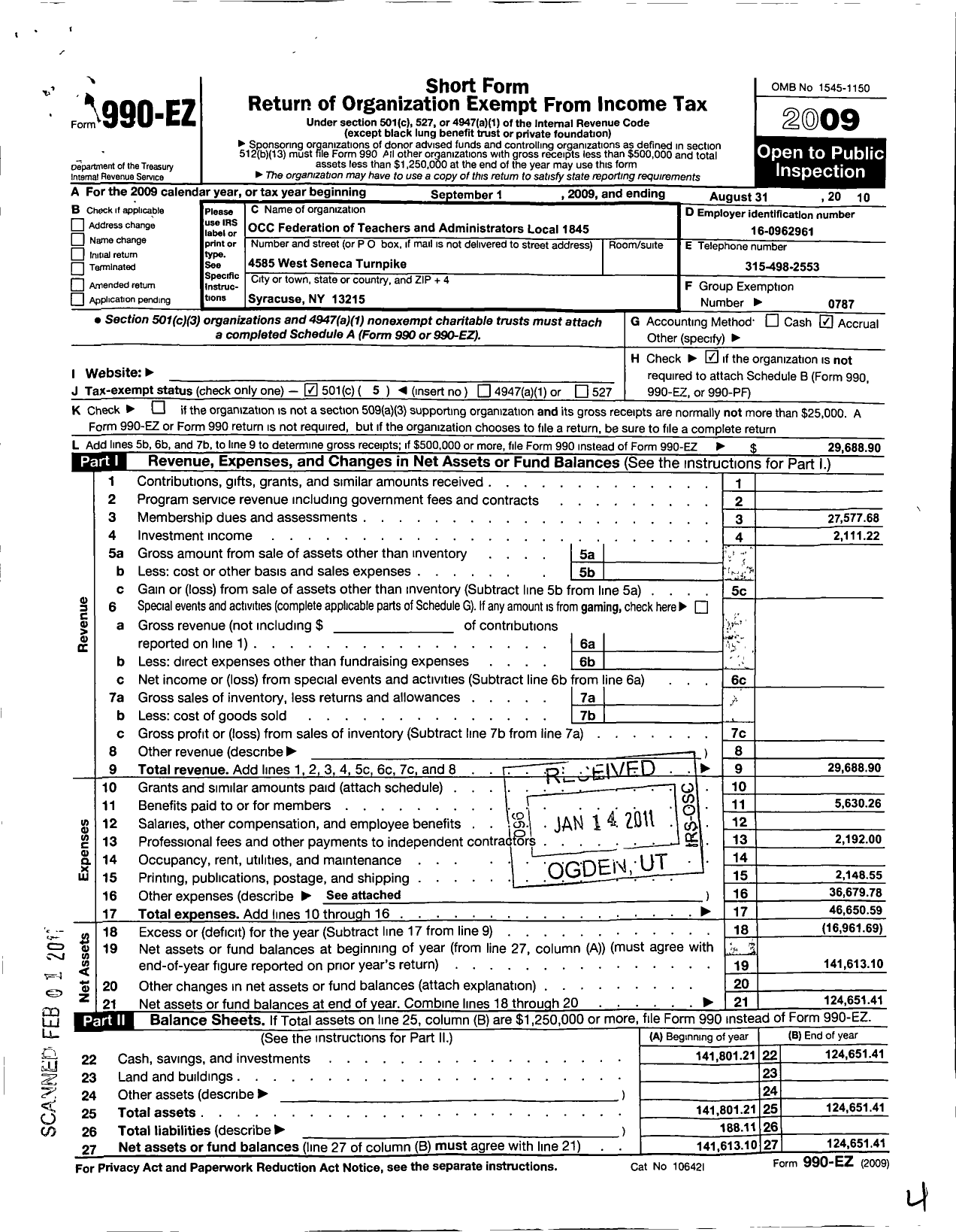 Image of first page of 2009 Form 990EO for American Federation of Teachers - 1845 Occfta Local