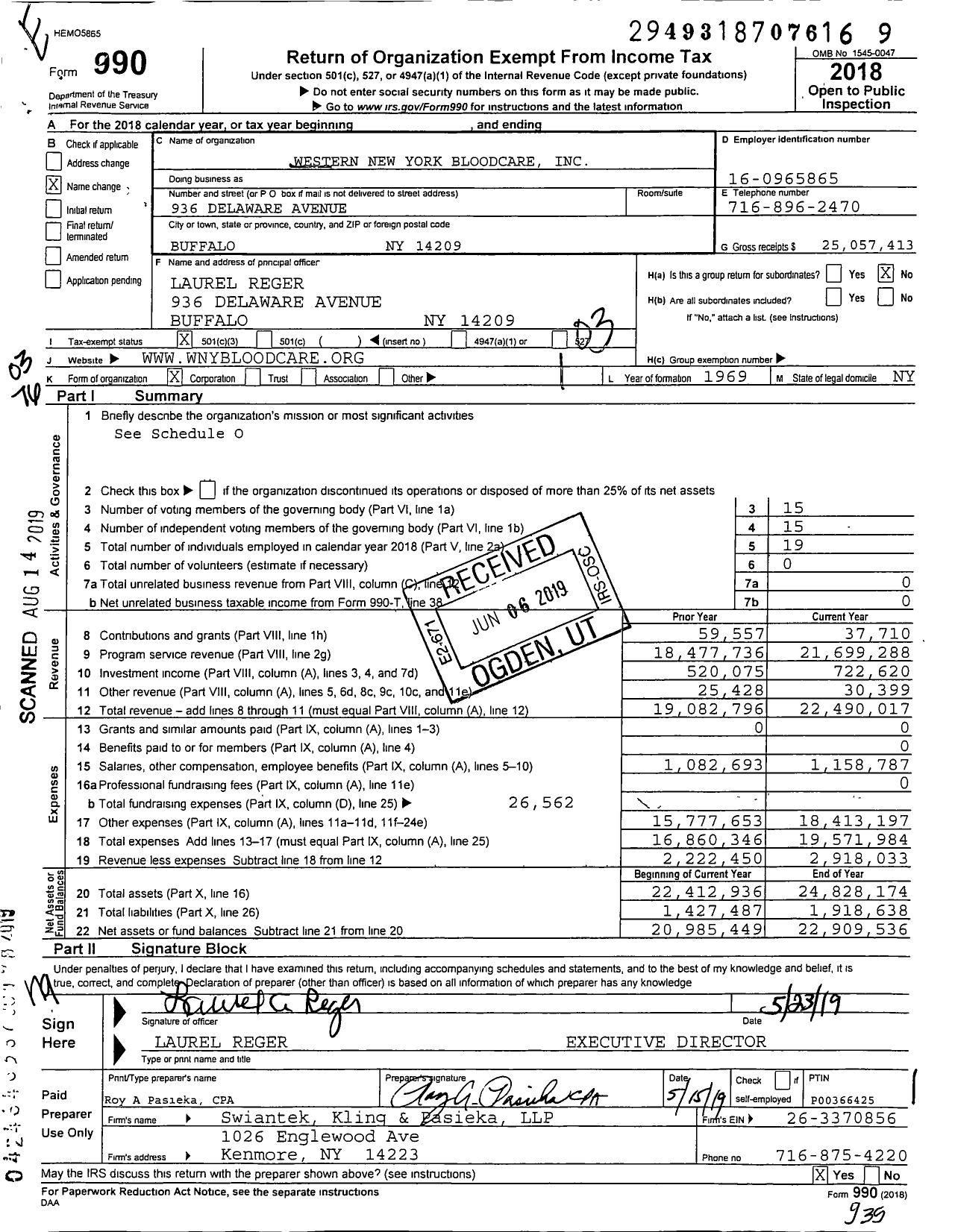 Image of first page of 2018 Form 990 for Western New York Bloodcare (HCWNY)