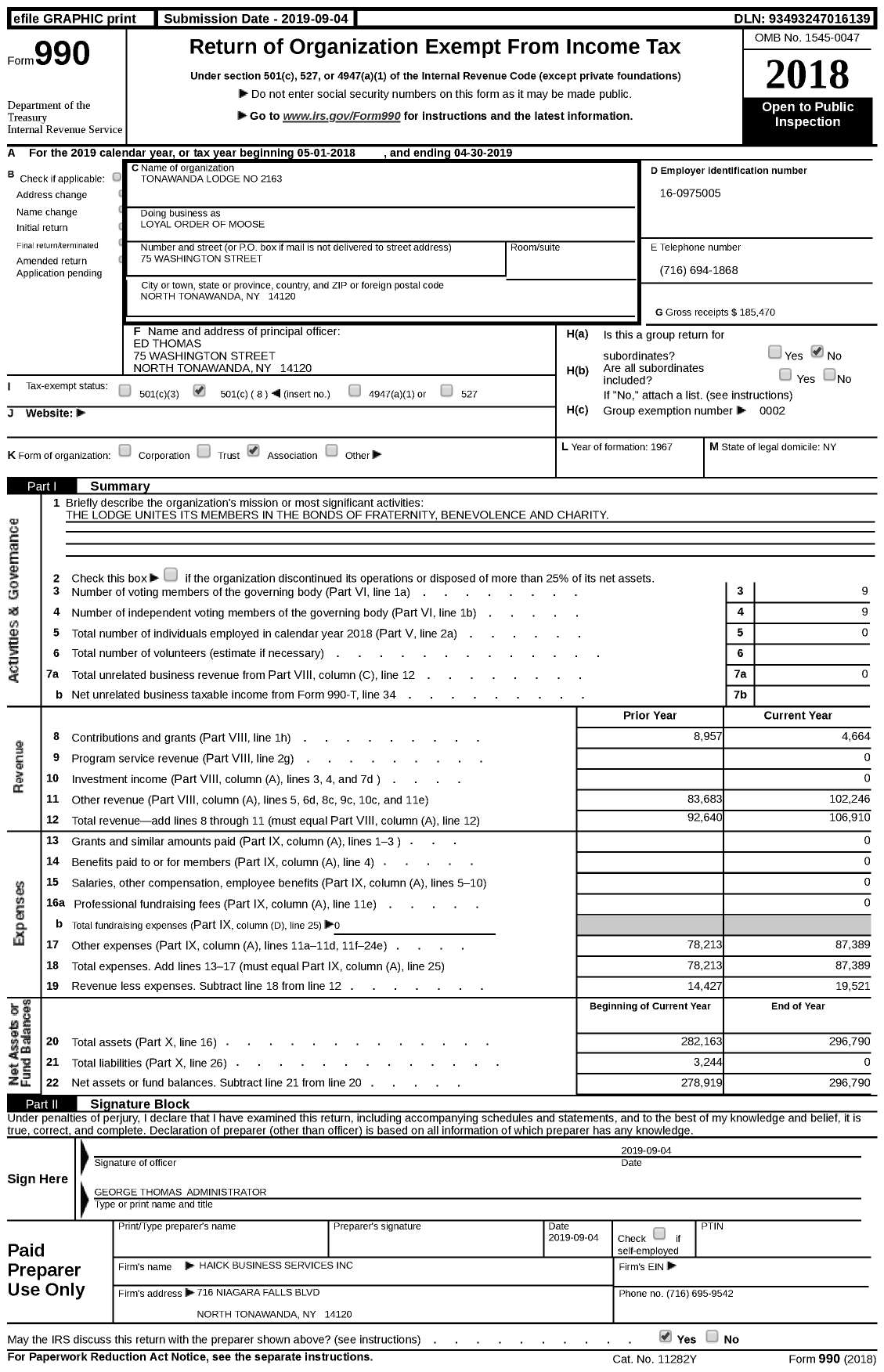 Image of first page of 2018 Form 990 for Loyal Order of Moose - 2163