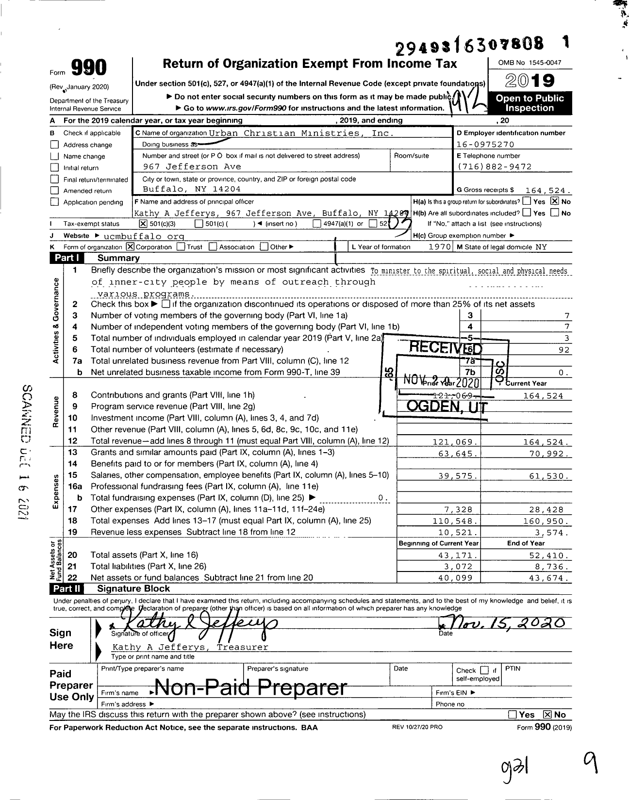 Image of first page of 2019 Form 990 for Urban Christian Ministries