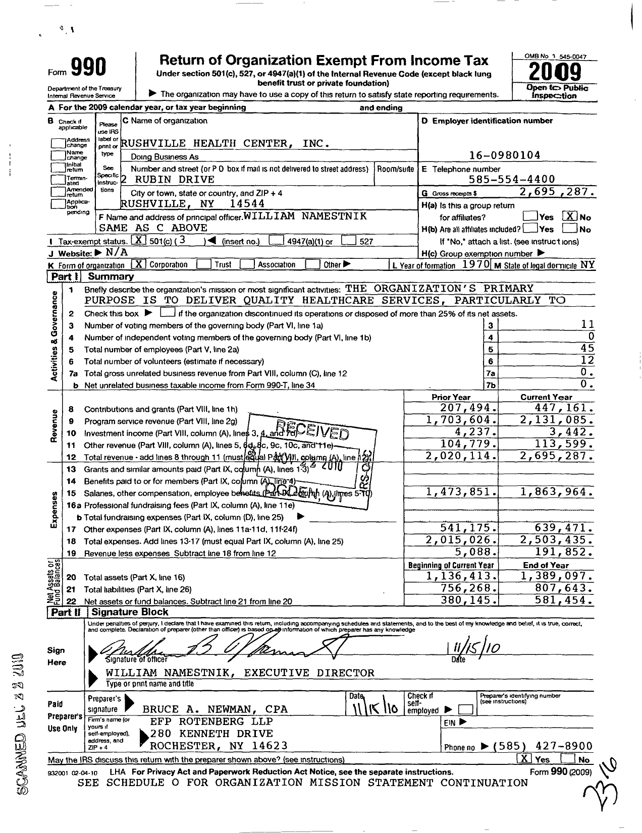 Image of first page of 2009 Form 990 for Rushville Health Center