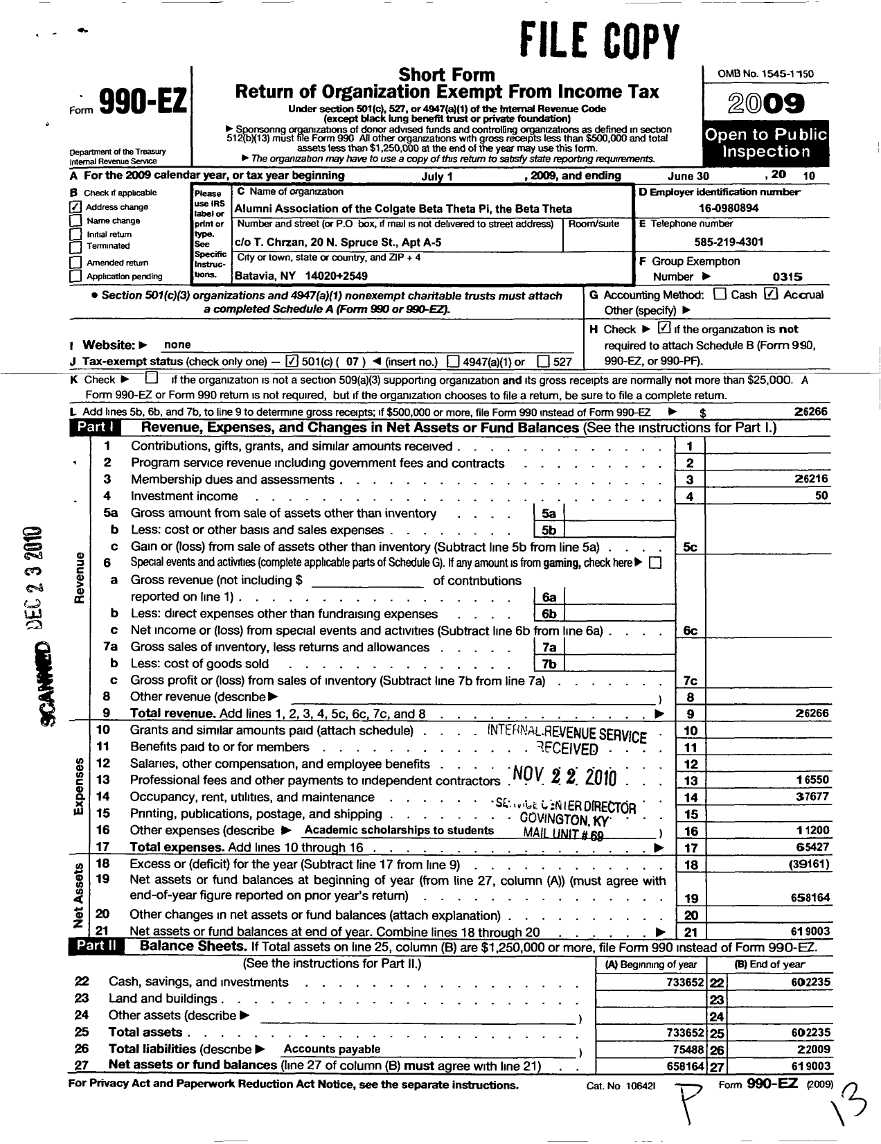 Image of first page of 2009 Form 990EO for Alumni Association of the Colgate Chapter of the Beta Theta of Beta