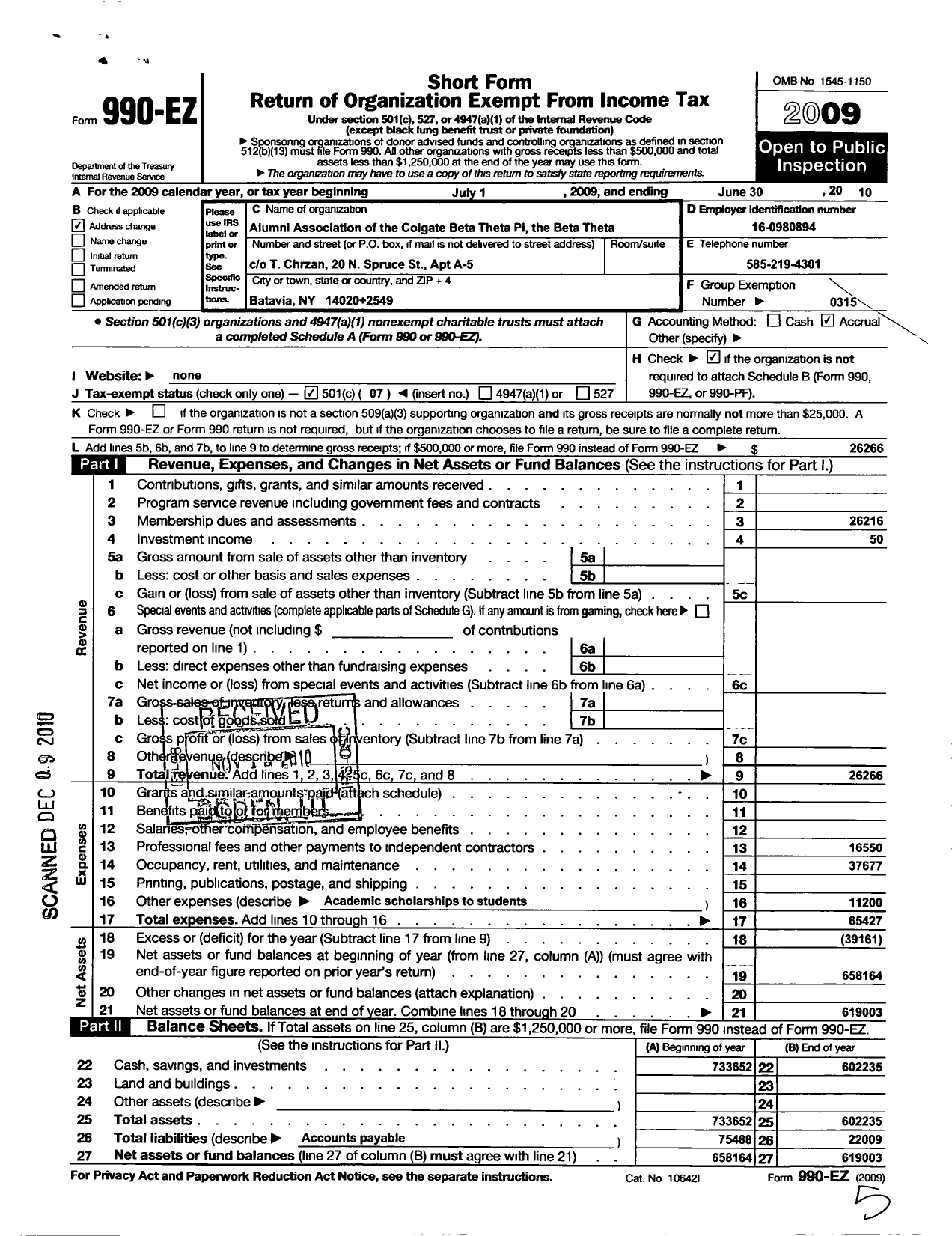 Image of first page of 2009 Form 990EO for Alumni Association of the Colgate Chapter of the Beta Theta of Beta