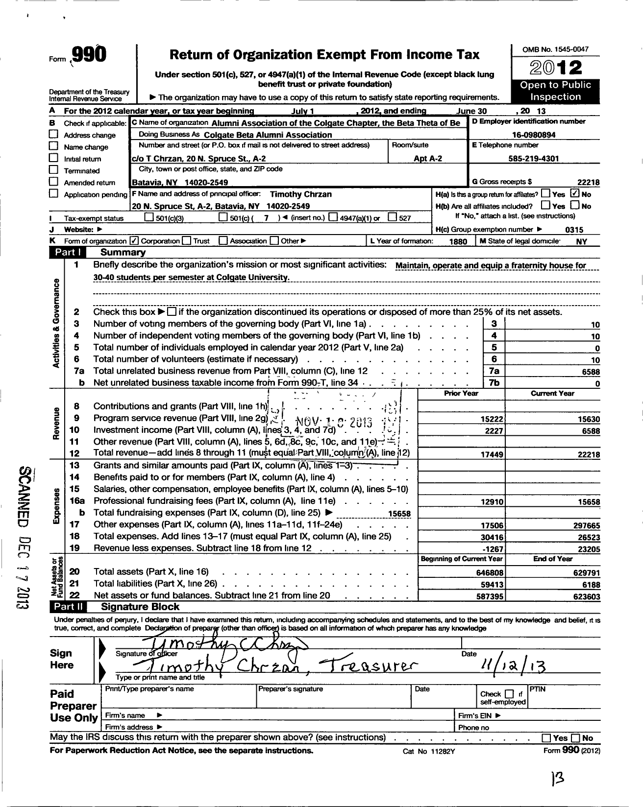 Image of first page of 2012 Form 990O for Alumni Association of the Colgate Chapter of the Beta Theta of Beta