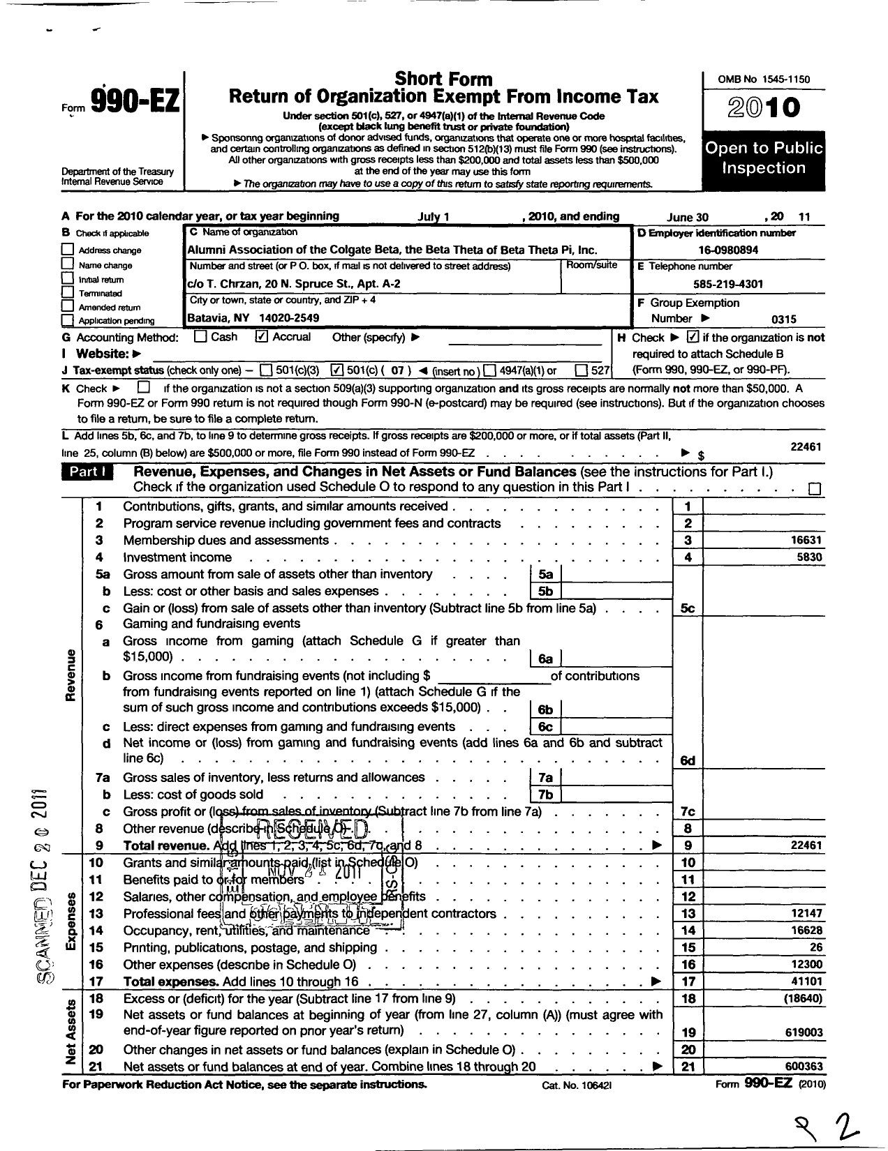 Image of first page of 2010 Form 990EO for Alumni Association of the Colgate Chapter of the Beta Theta of Beta