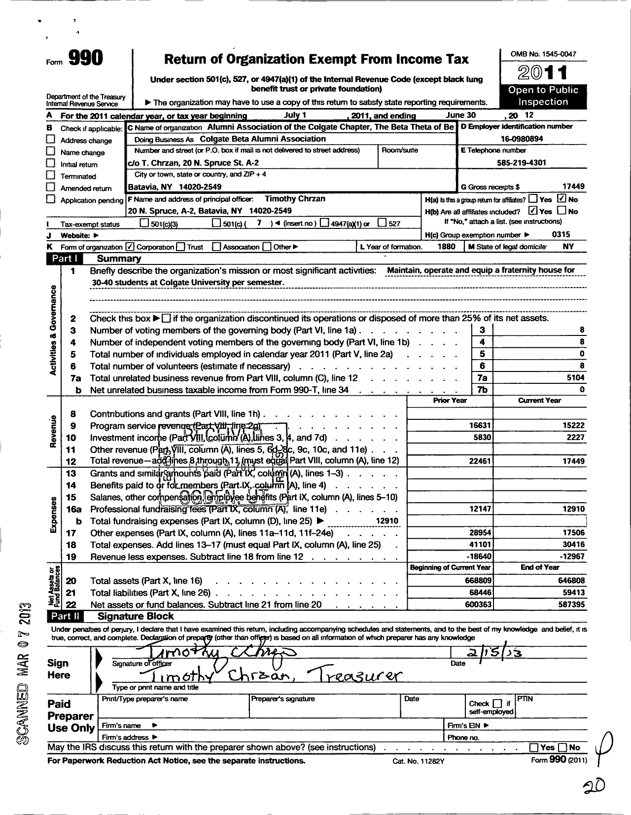 Image of first page of 2011 Form 990O for Alumni Association of the Colgate Chapter of the Beta Theta of Beta