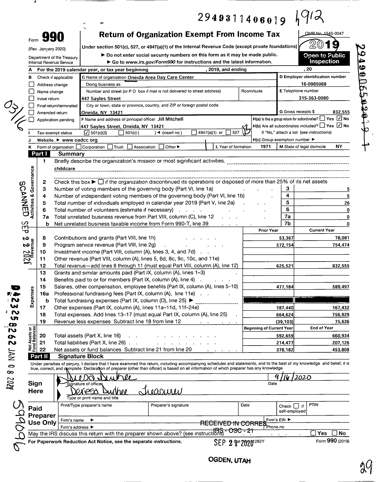 Image of first page of 2019 Form 990 for Oneida Area Daycare Center