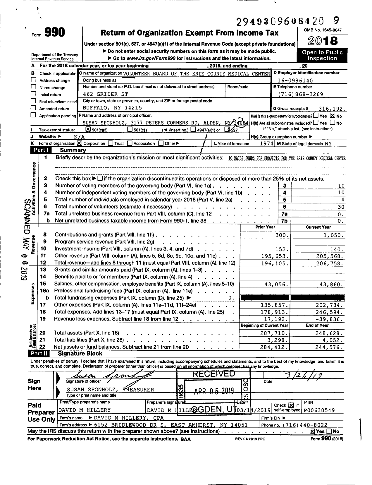 Image of first page of 2018 Form 990 for Volunteer Board of the Erie County Medical Center