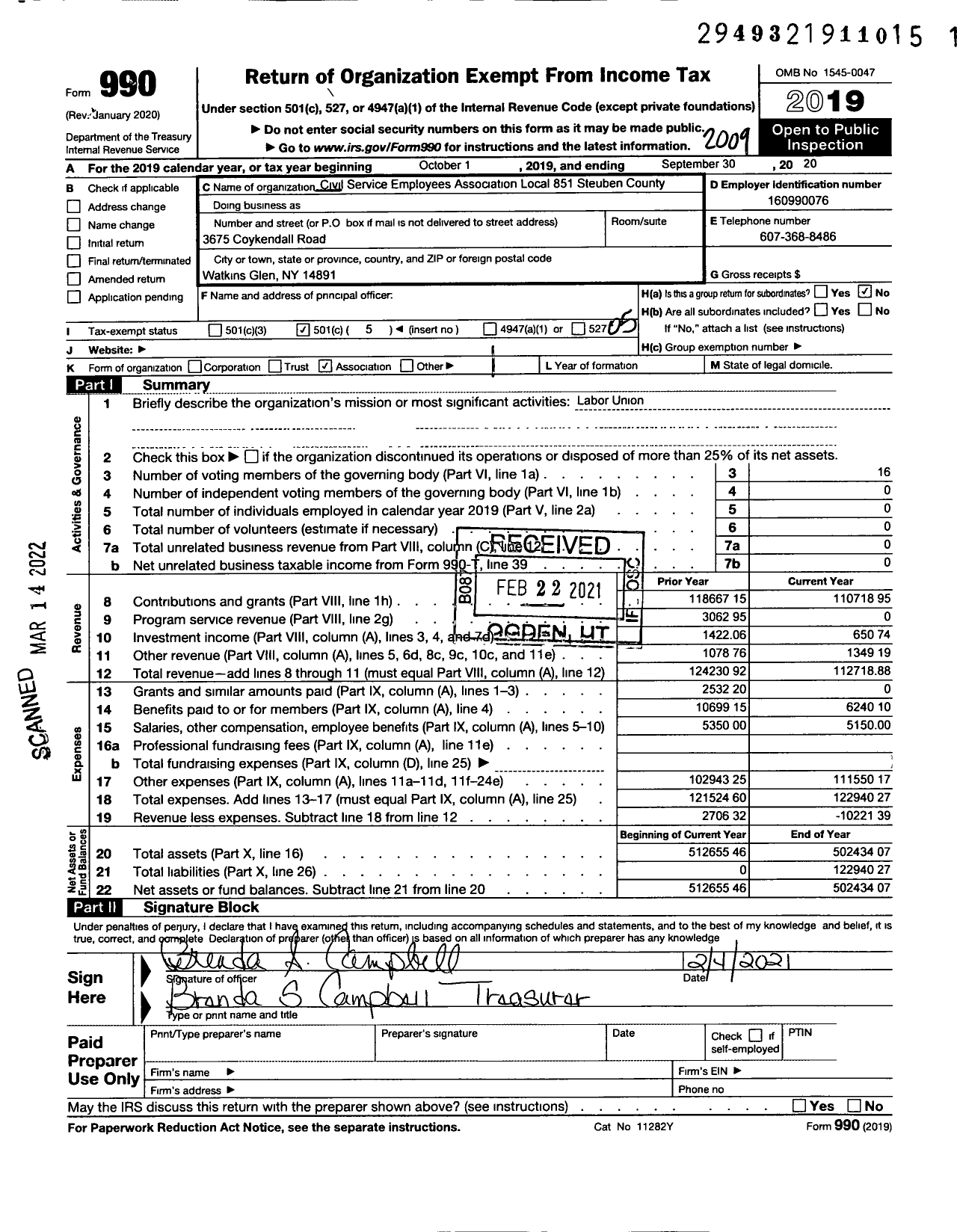 Image of first page of 2019 Form 990O for Civil Service Employees Association - 0851 Steuben County