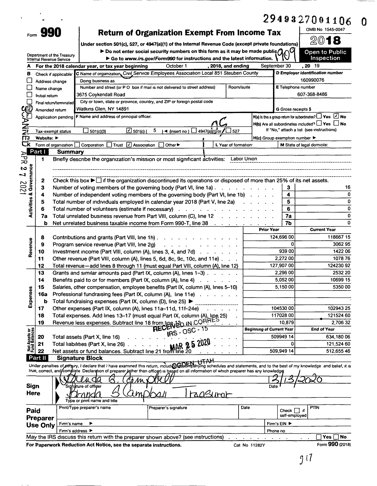 Image of first page of 2018 Form 990O for Civil Service Employees Association - 0851 Steuben County