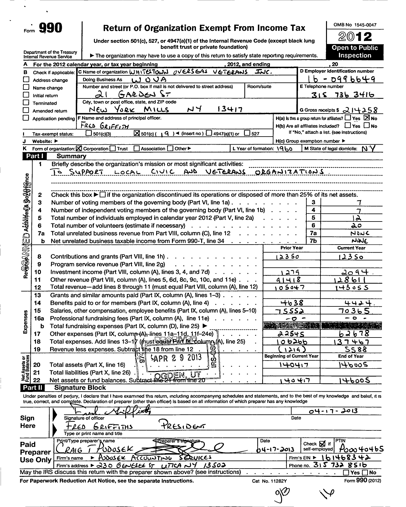 Image of first page of 2012 Form 990O for Whitestown Overseas Veterans (WOVA)