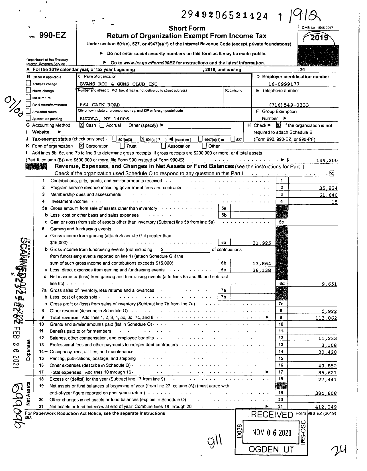 Image of first page of 2019 Form 990EO for Evans Rod and Guns Club