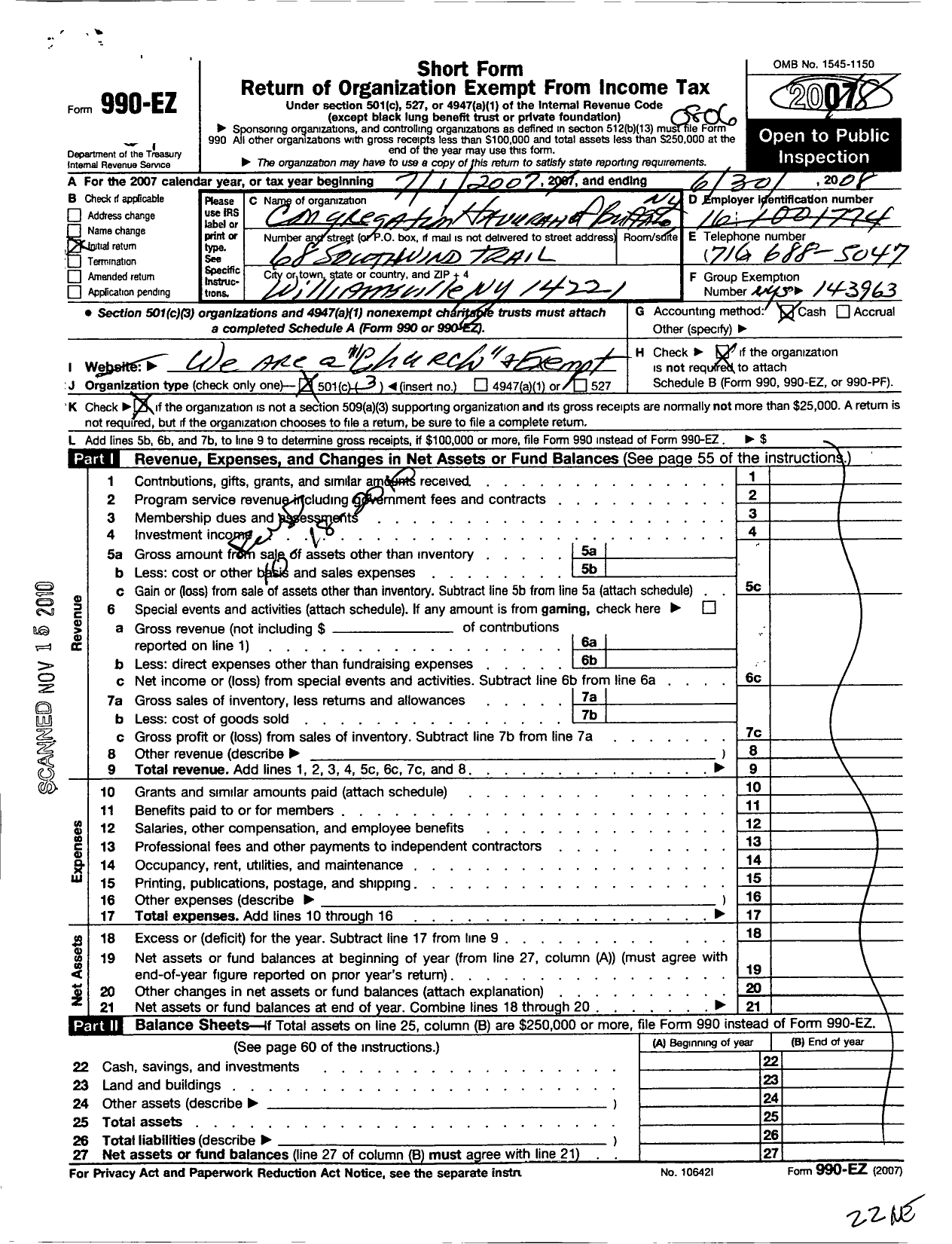 Image of first page of 2007 Form 990EZ for Congregation Havurah of Buffalo Ny