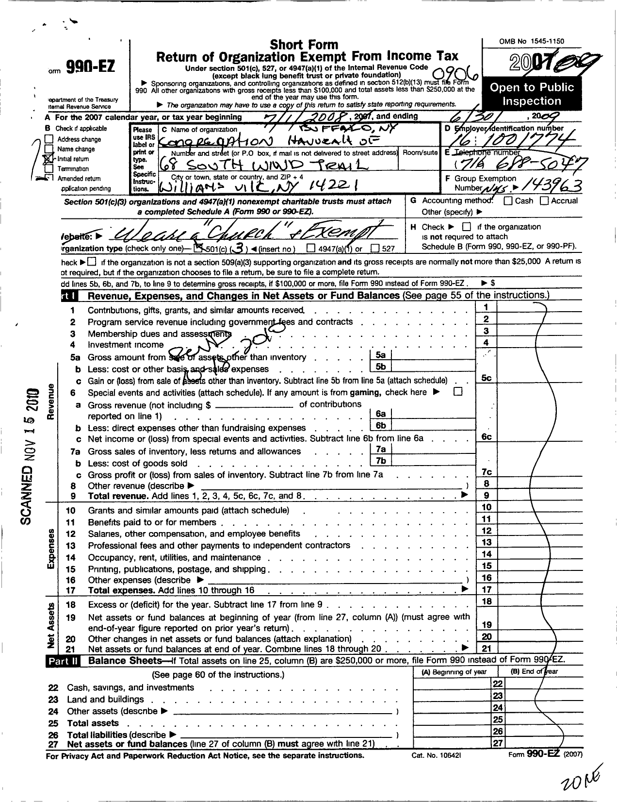 Image of first page of 2008 Form 990EZ for Congregation Havurah of Buffalo Ny