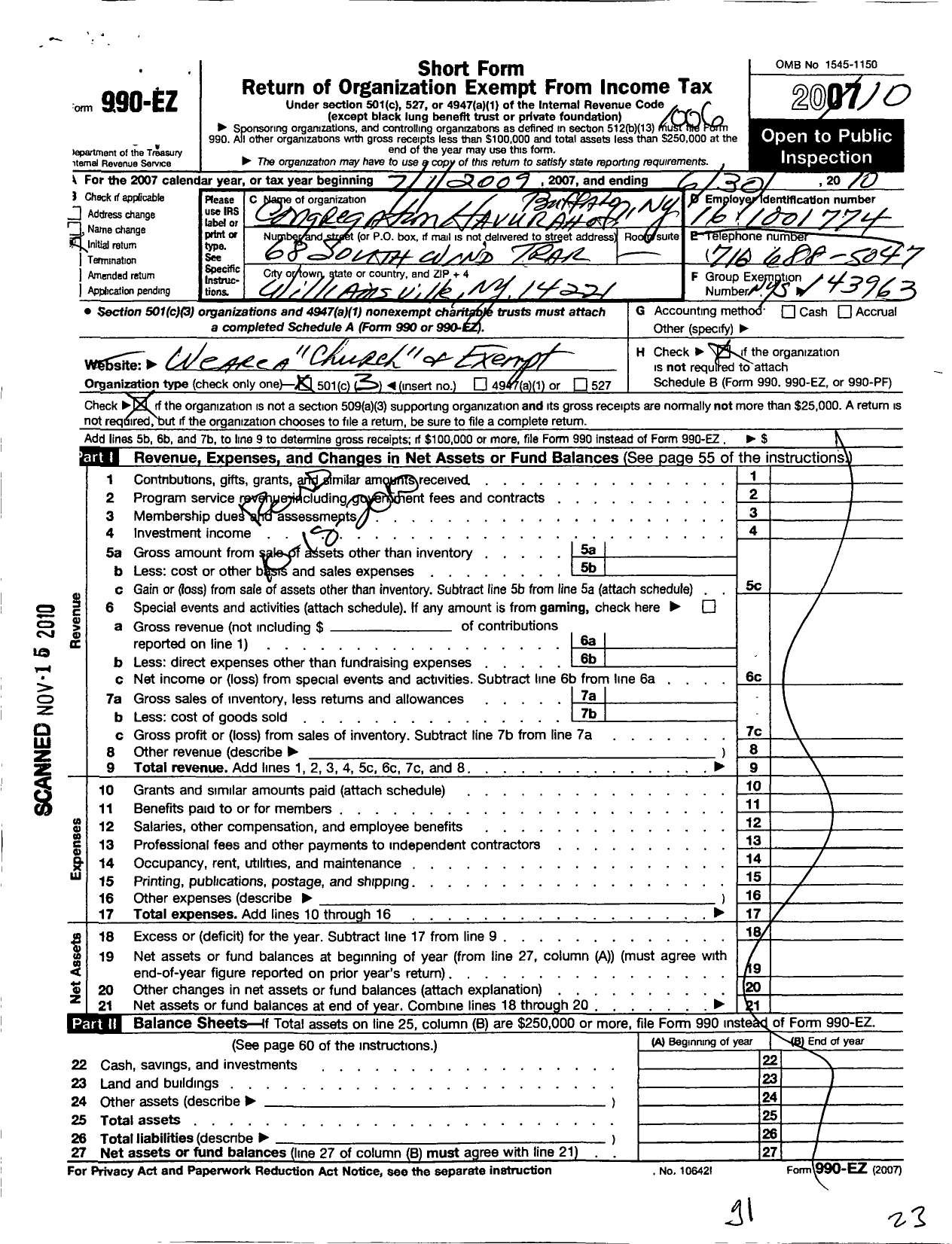 Image of first page of 2009 Form 990EZ for Congregation Havurah of Buffalo Ny