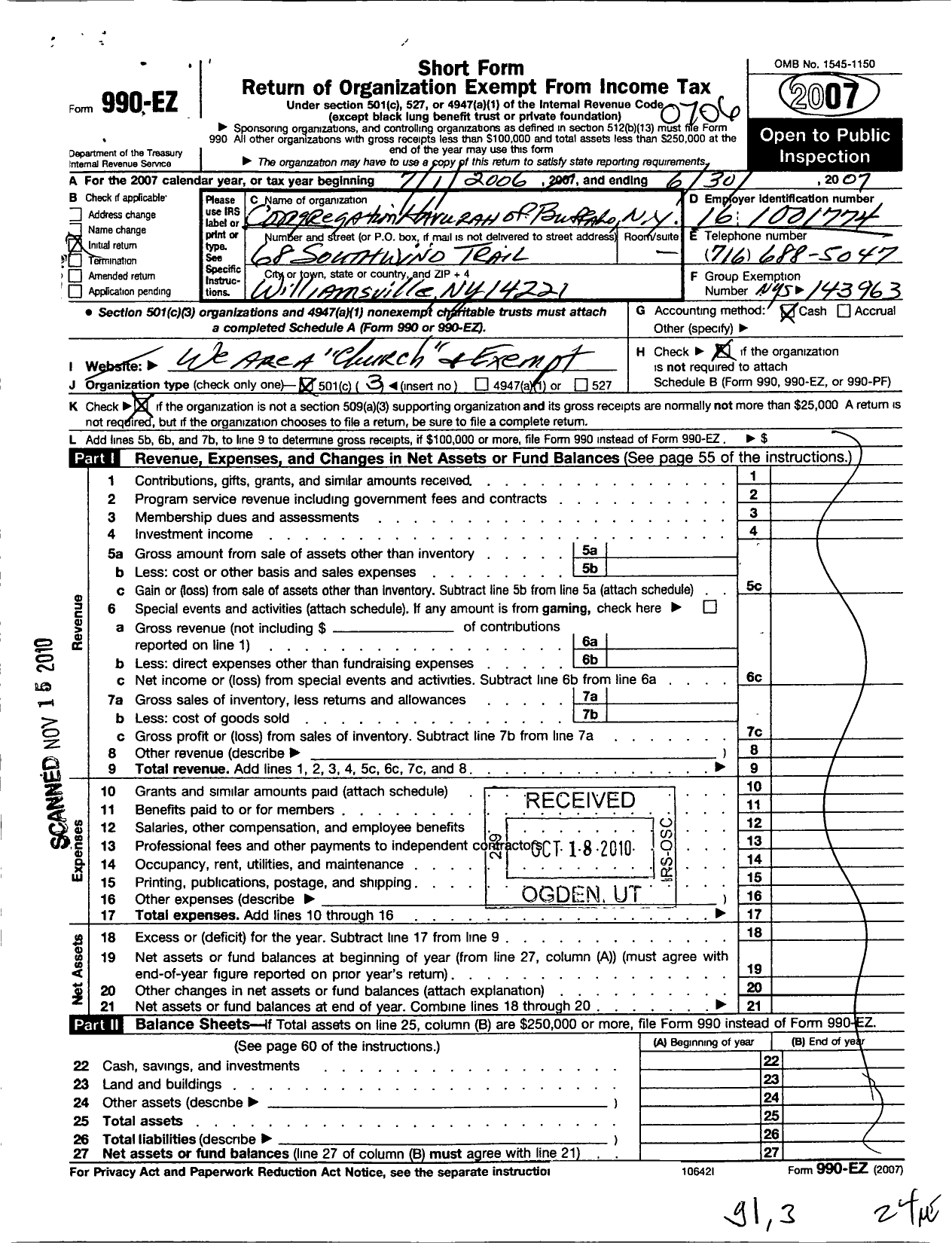 Image of first page of 2006 Form 990EZ for Congregation Havurah of Buffalo Ny