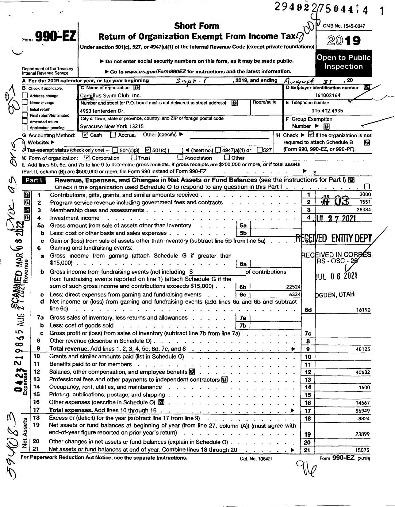 Image of first page of 2019 Form 990EO for Camillus Swim Club