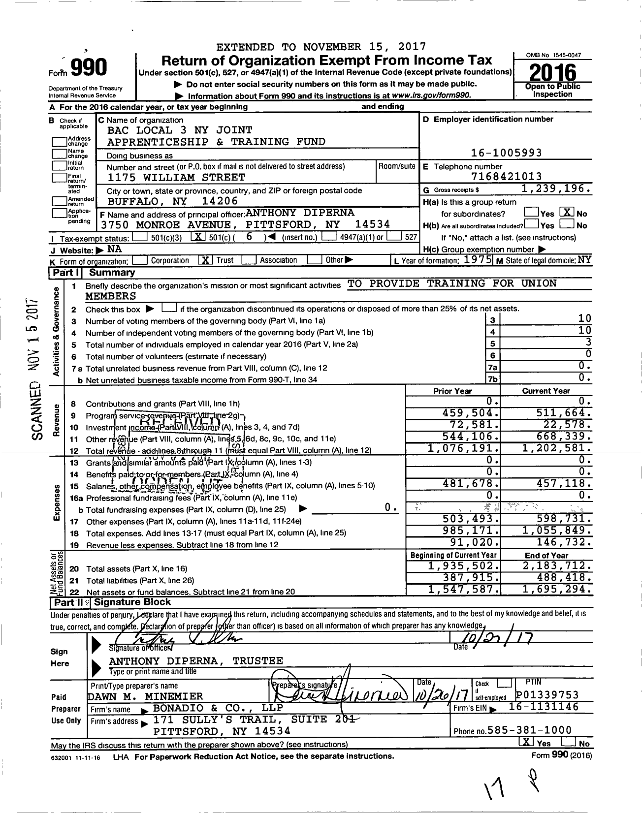 Image of first page of 2016 Form 990O for Bac Local 3 Ny Joint Apprenticeship and Training Fund