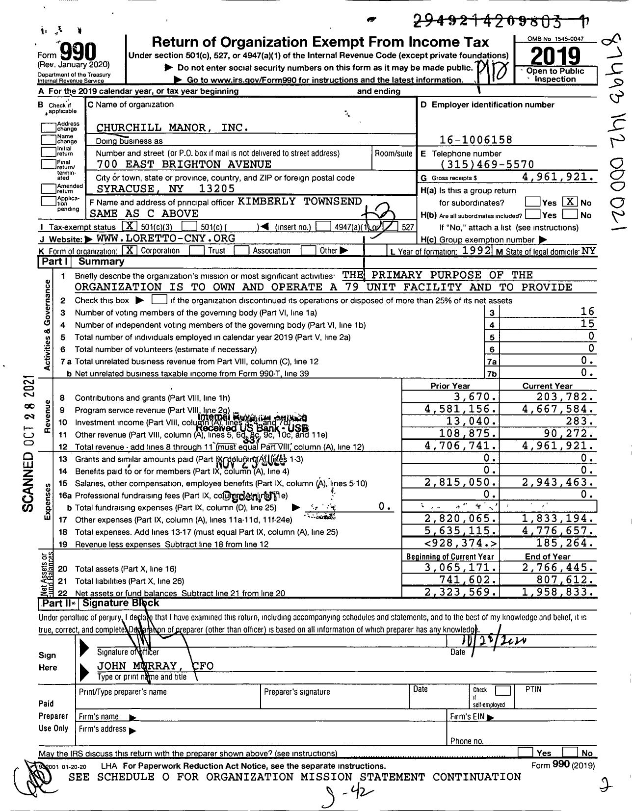 Image of first page of 2019 Form 990 for Churchill Manor