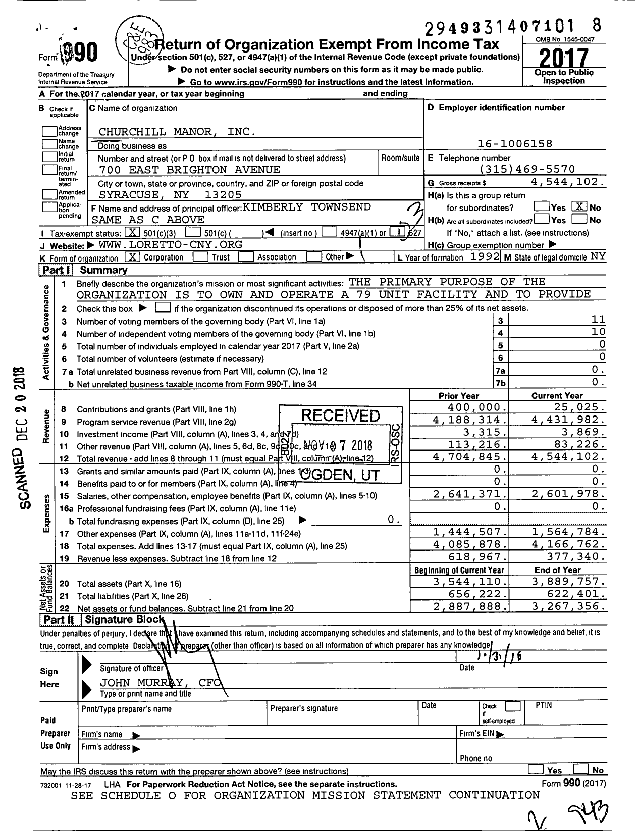 Image of first page of 2017 Form 990 for Churchill Manor