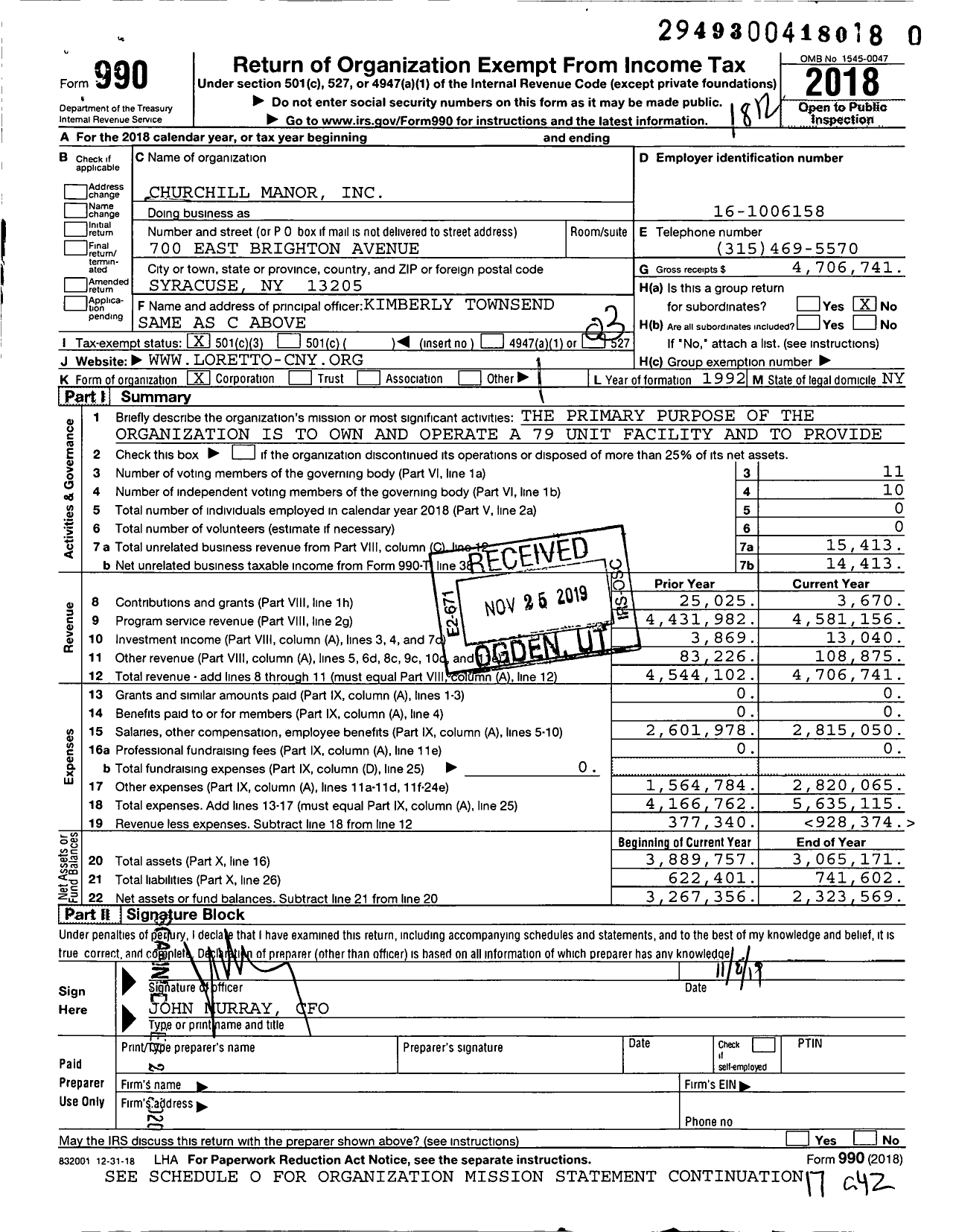 Image of first page of 2018 Form 990 for Churchill Manor