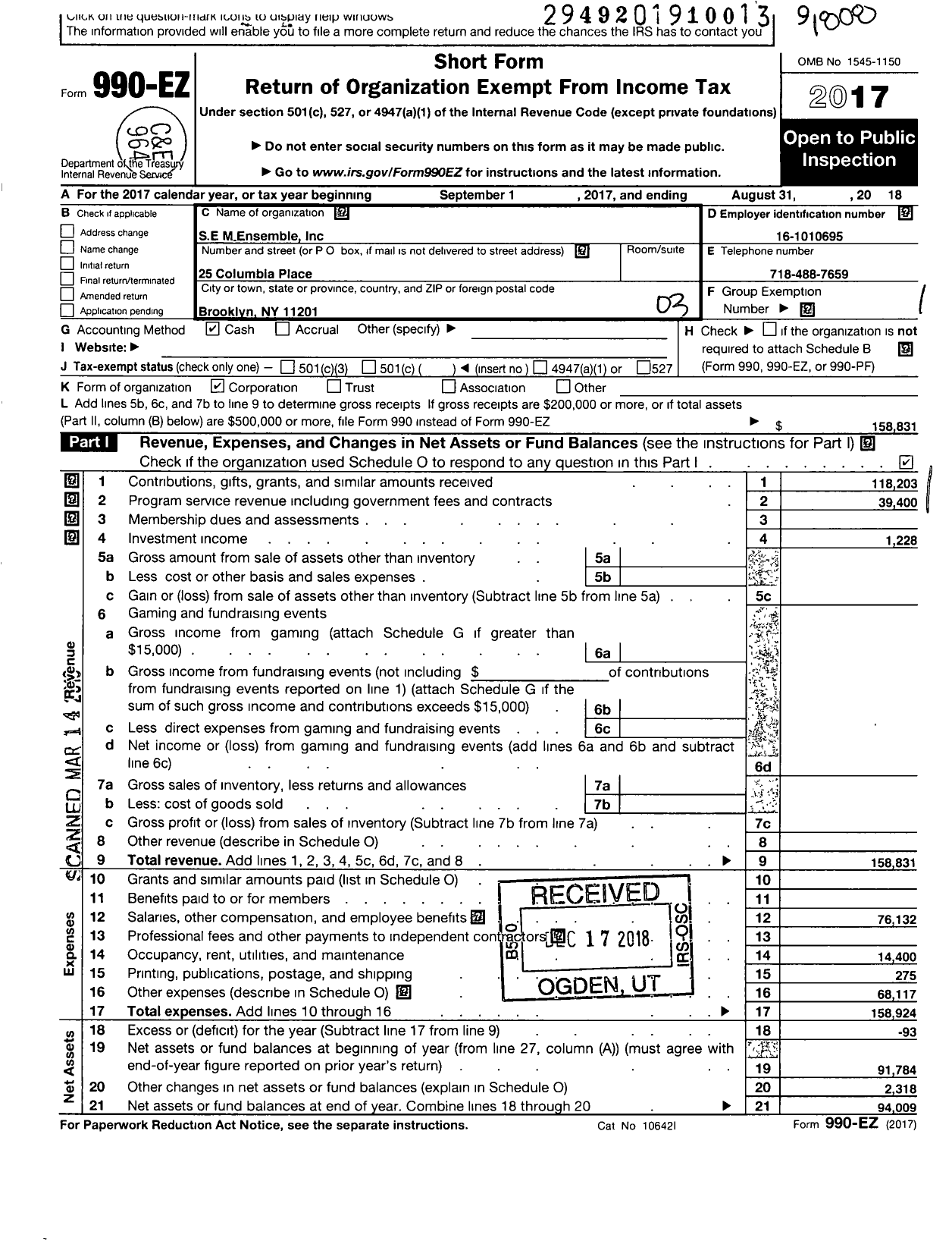 Image of first page of 2017 Form 990EZ for S E M Ensemble