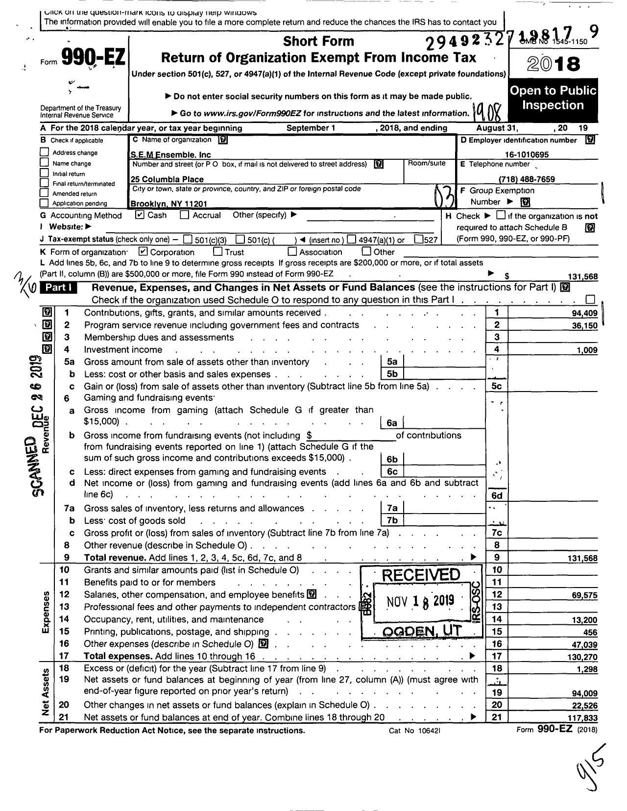 Image of first page of 2018 Form 990EZ for S E M Ensemble