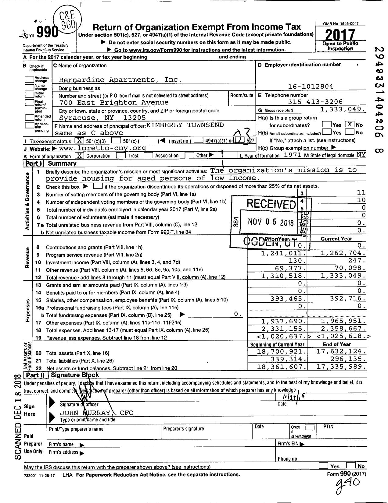 Image of first page of 2017 Form 990 for Bernadine Apartments