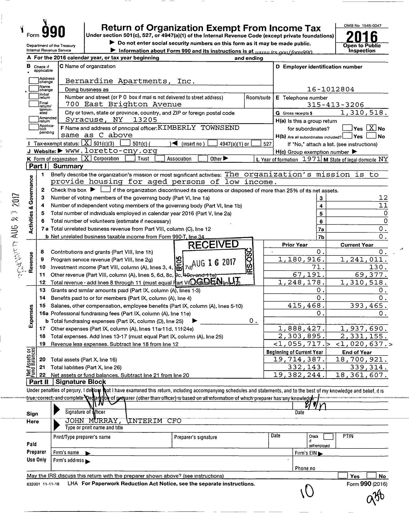 Image of first page of 2016 Form 990 for Bernadine Apartments