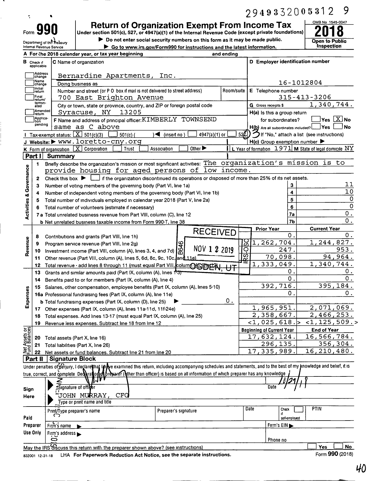 Image of first page of 2018 Form 990 for Bernadine Apartments