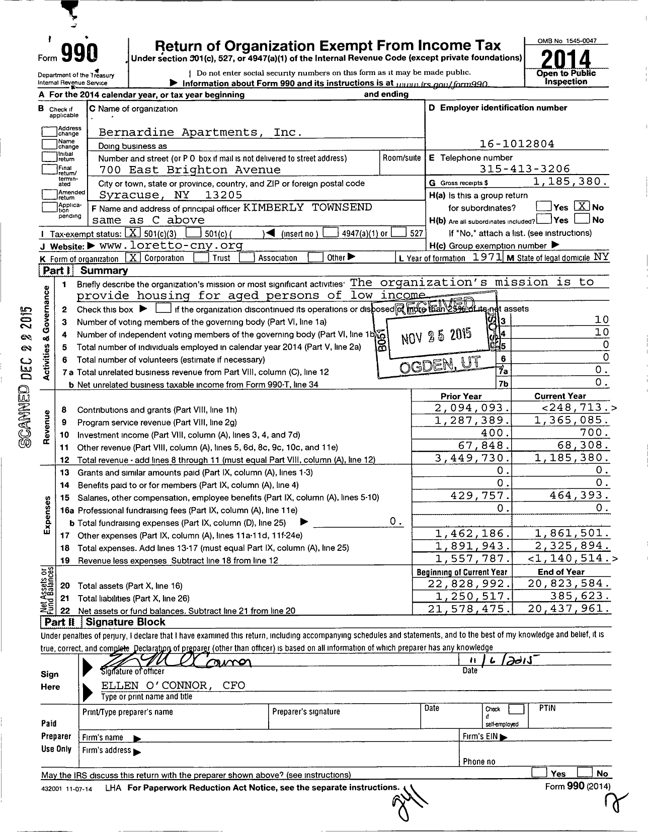 Image of first page of 2014 Form 990 for Bernadine Apartments