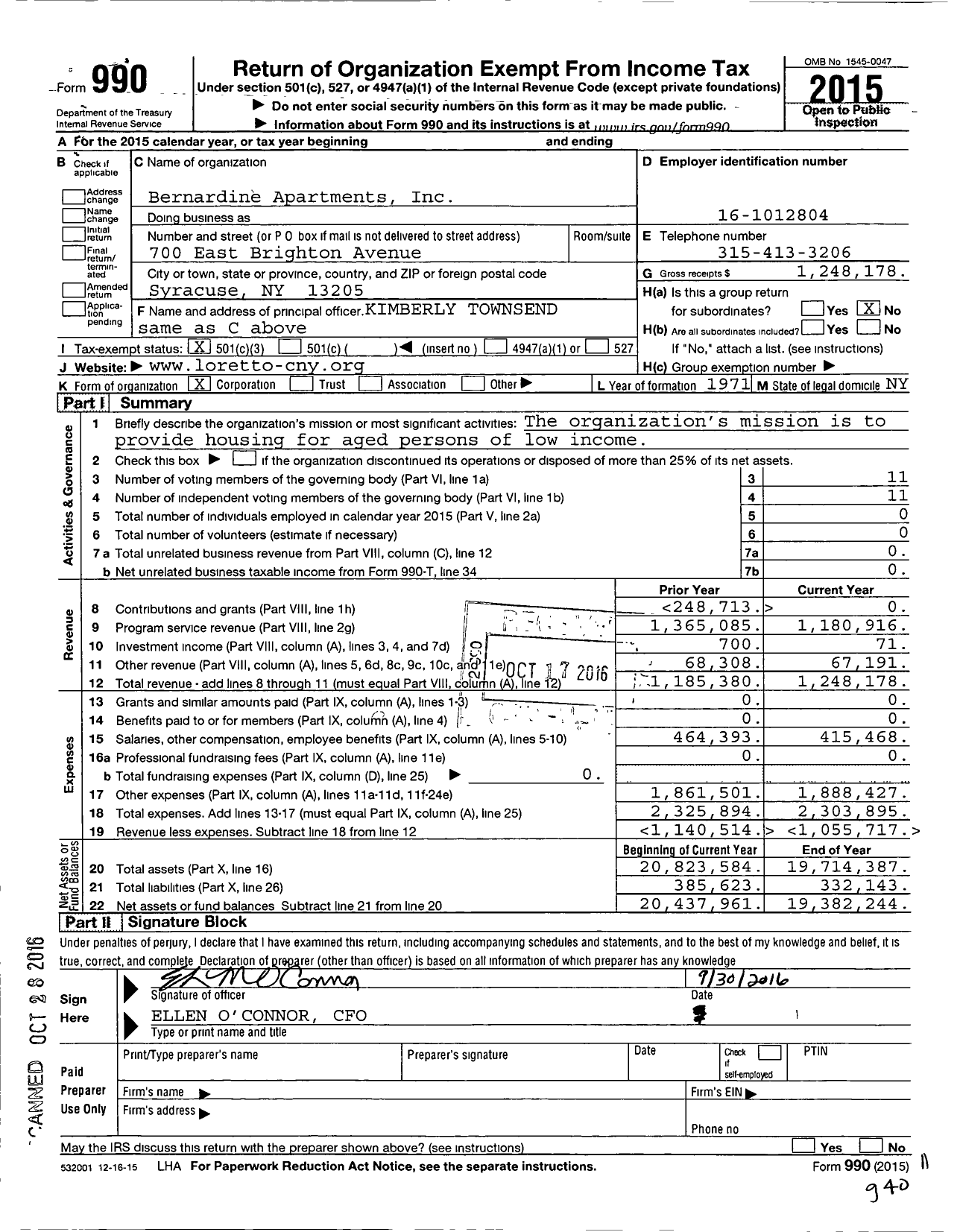 Image of first page of 2015 Form 990 for Bernadine Apartments