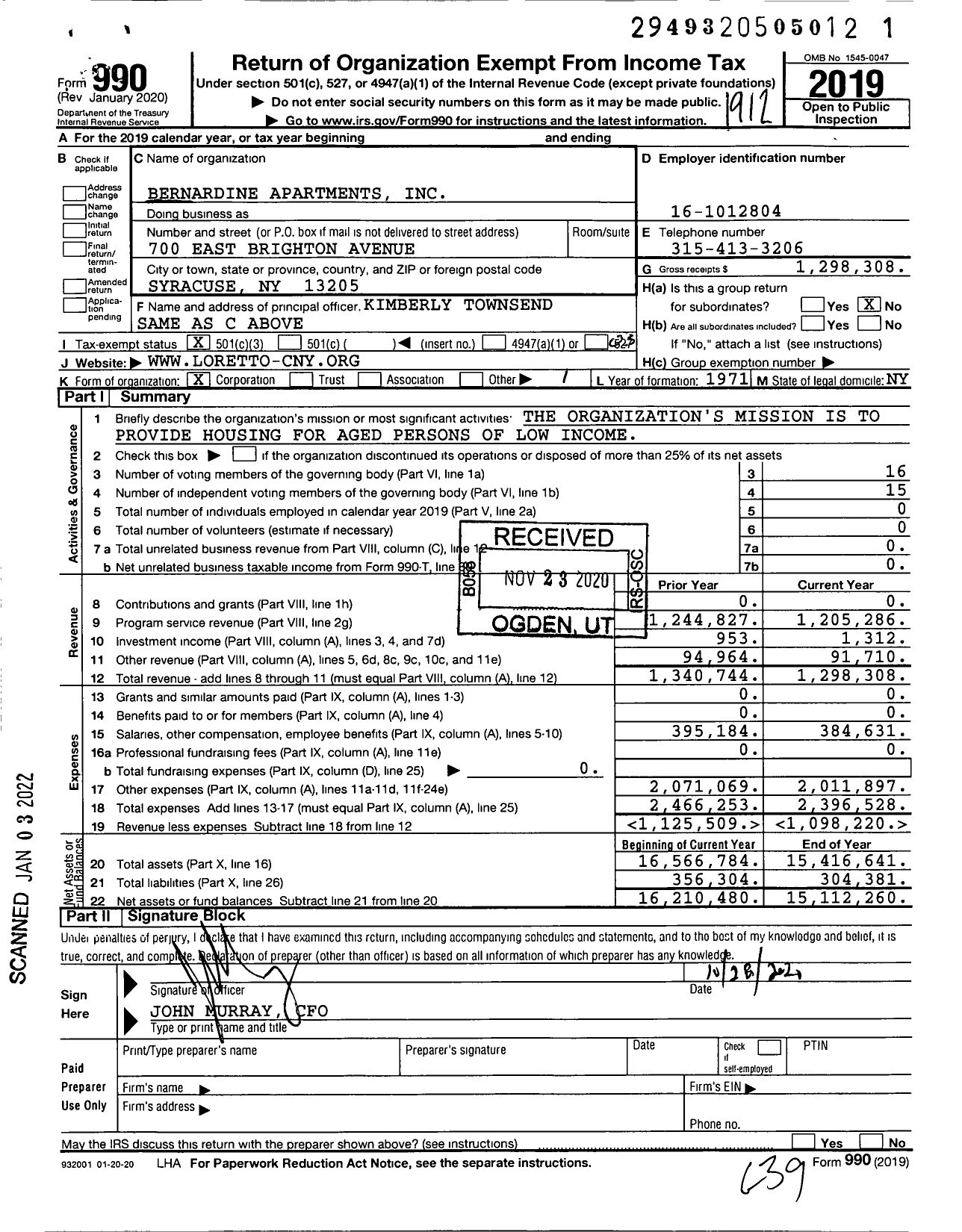 Image of first page of 2019 Form 990 for Bernardine Apartments