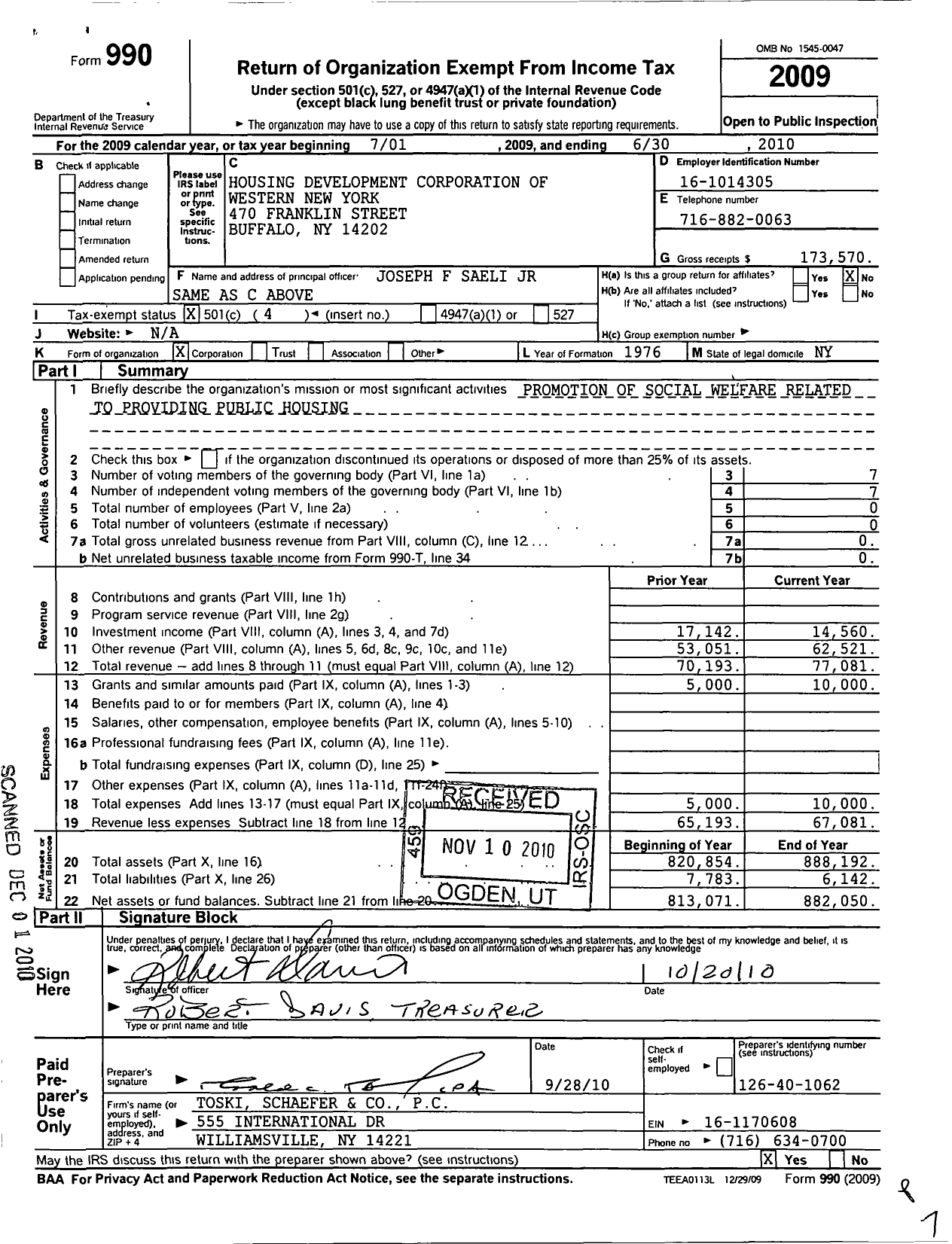 Image of first page of 2009 Form 990O for Housing Development Corporation of Western New York