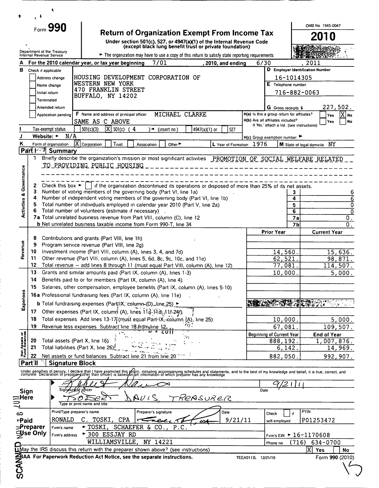 Image of first page of 2010 Form 990O for Housing Development Corporation of Western New York