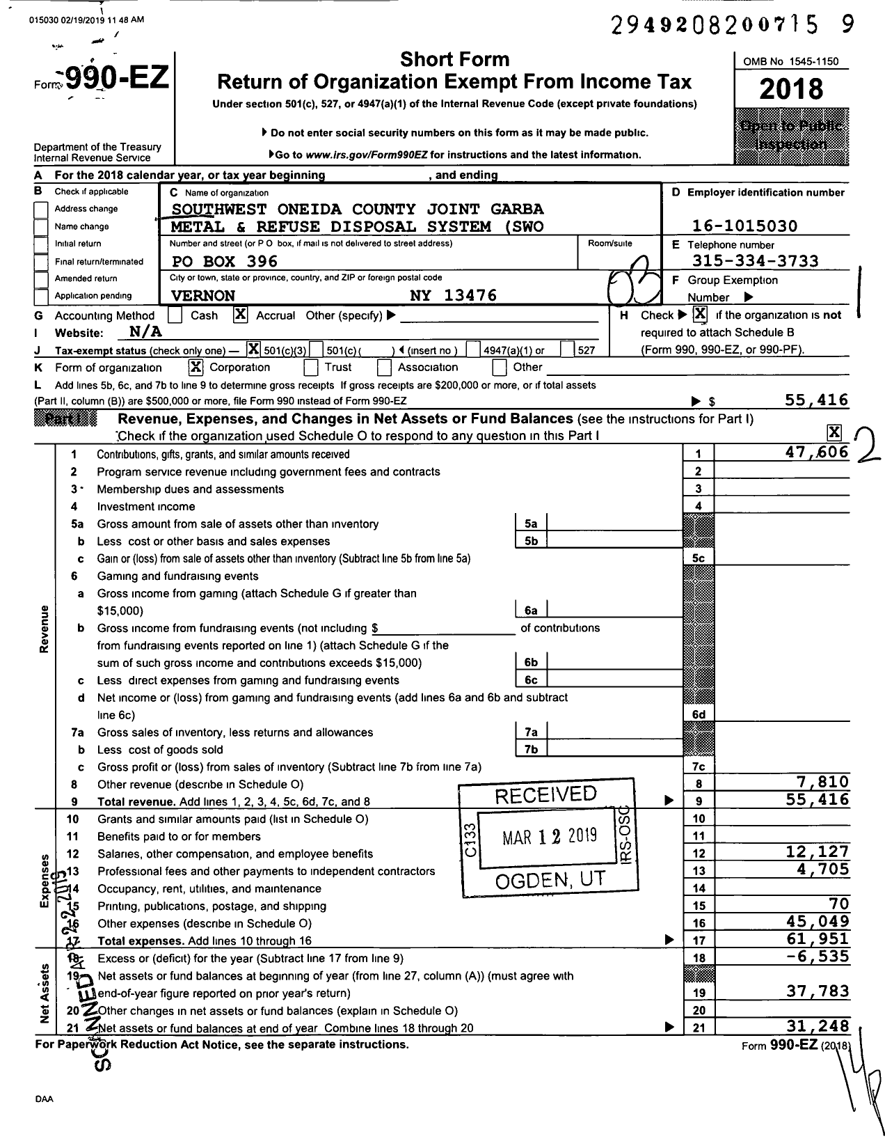 Image of first page of 2018 Form 990EZ for Southwest Oneida County Joint Garba Metal and Refuse Disposal System (Swo)